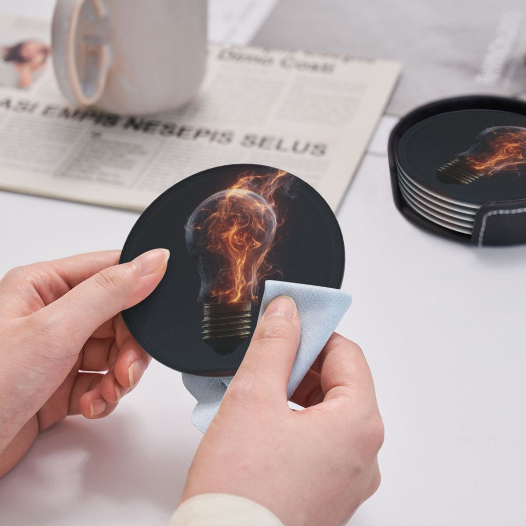 6 - Pack Round Leather Coasters: Flame Bulb Pattern, Exquisite Storage, Protecting the Desktop