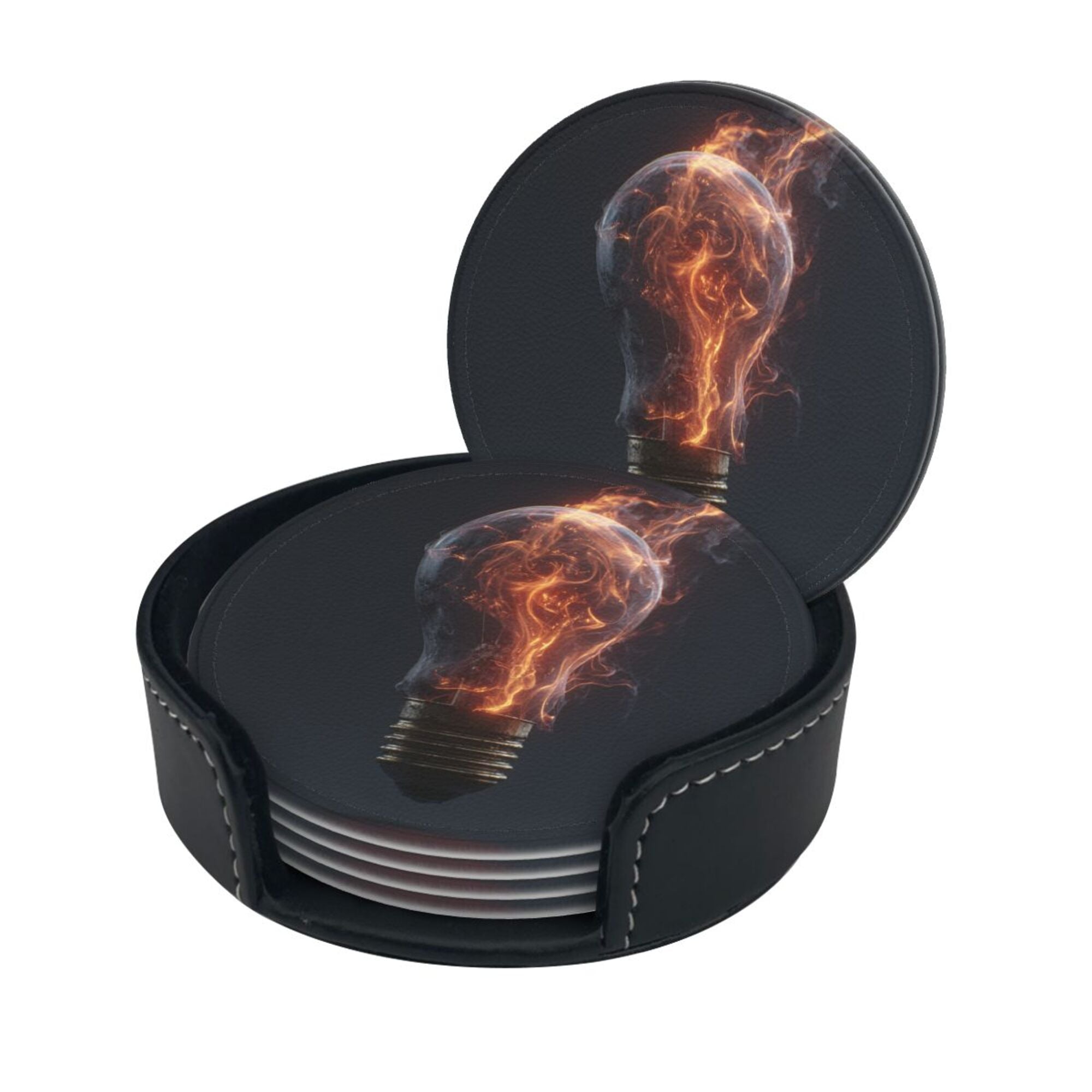 6 - Pack Round Leather Coasters: Flame Bulb Pattern, Exquisite Storage, Protecting the Desktop