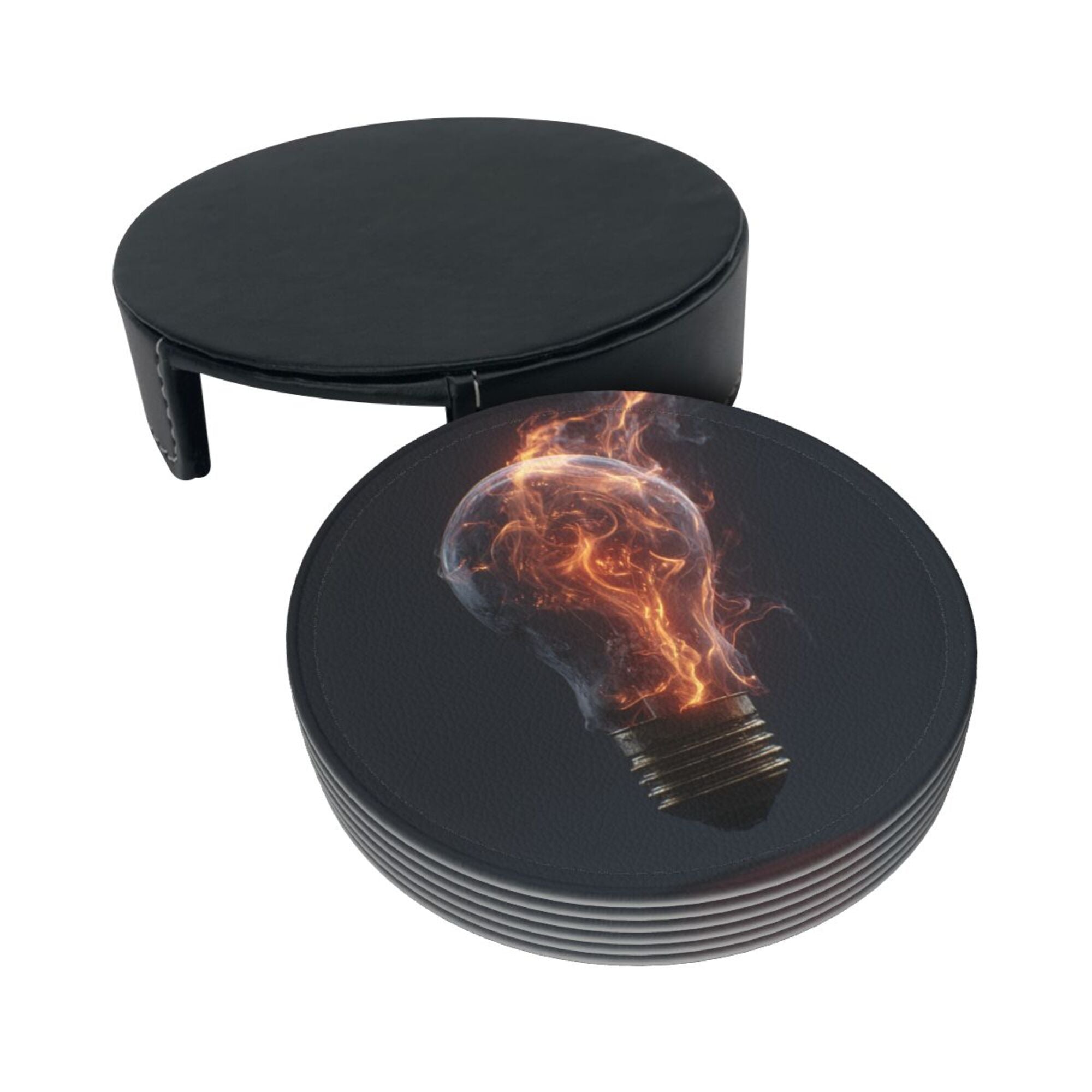 6 - Pack Round Leather Coasters: Flame Bulb Pattern, Exquisite Storage, Protecting the Desktop