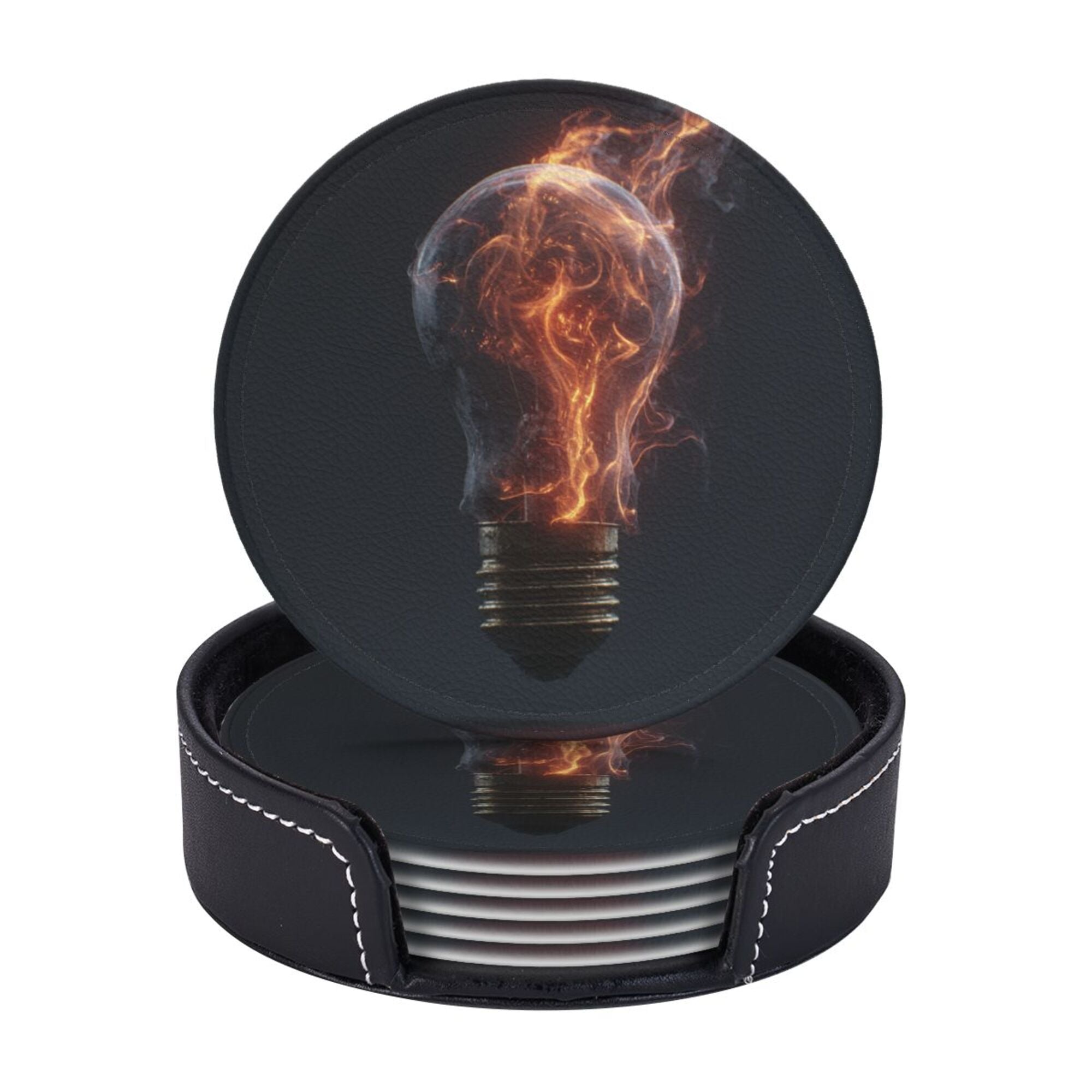 6 - Pack Round Leather Coasters: Flame Bulb Pattern, Exquisite Storage, Protecting the Desktop