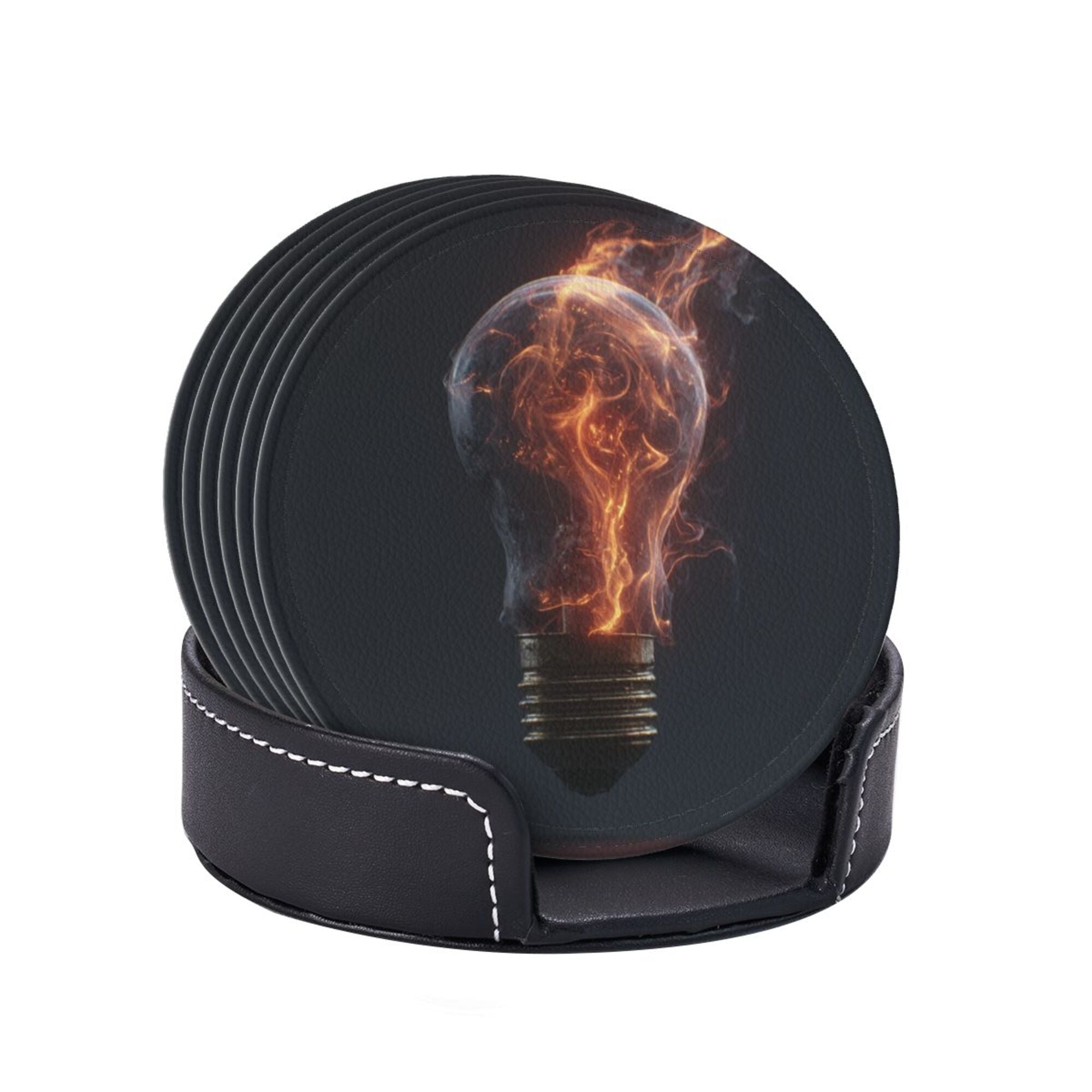 6 - Pack Round Leather Coasters: Flame Bulb Pattern, Exquisite Storage, Protecting the Desktop