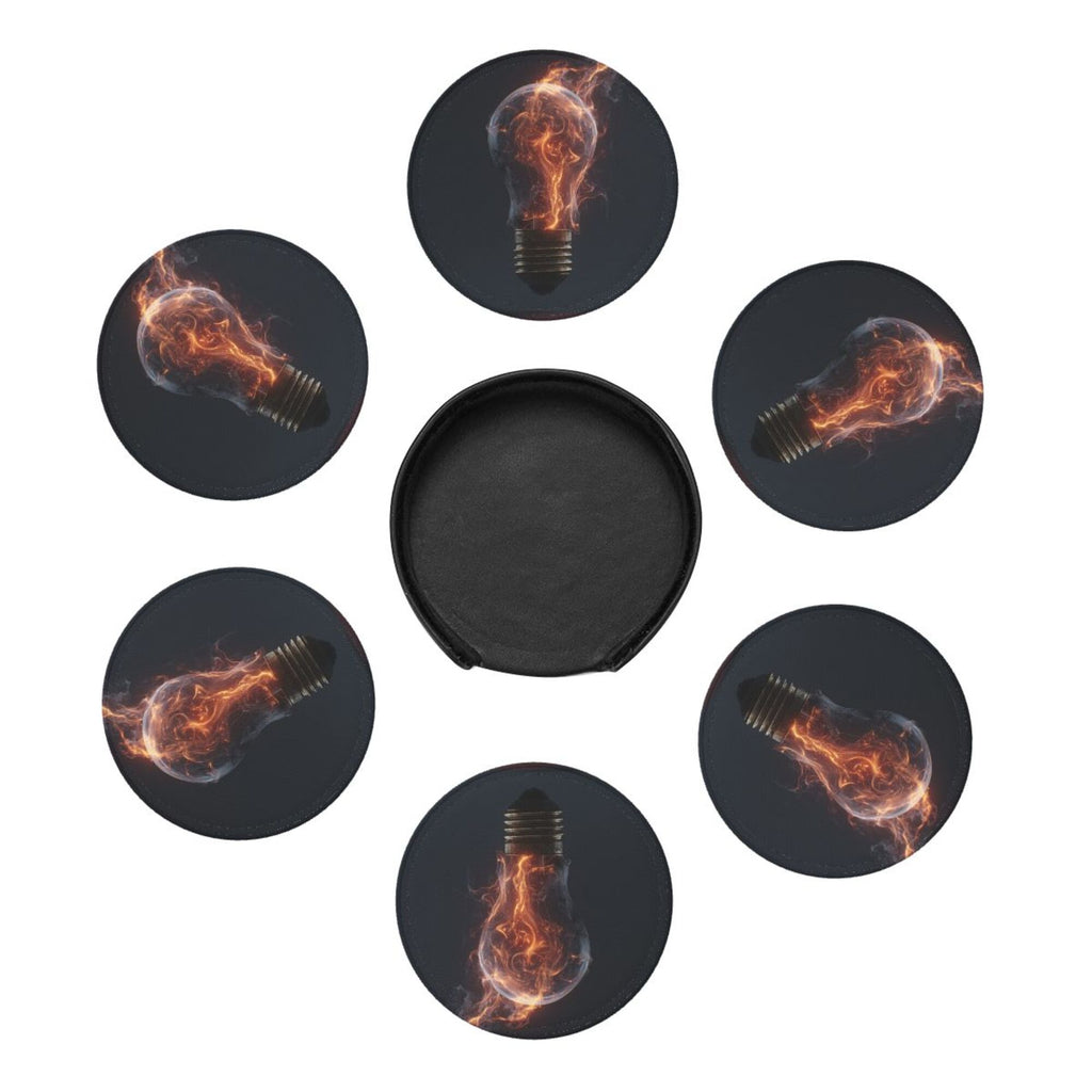 6 - Pack Round Leather Coasters: Flame Bulb Pattern, Exquisite Storage, Protecting the Desktop