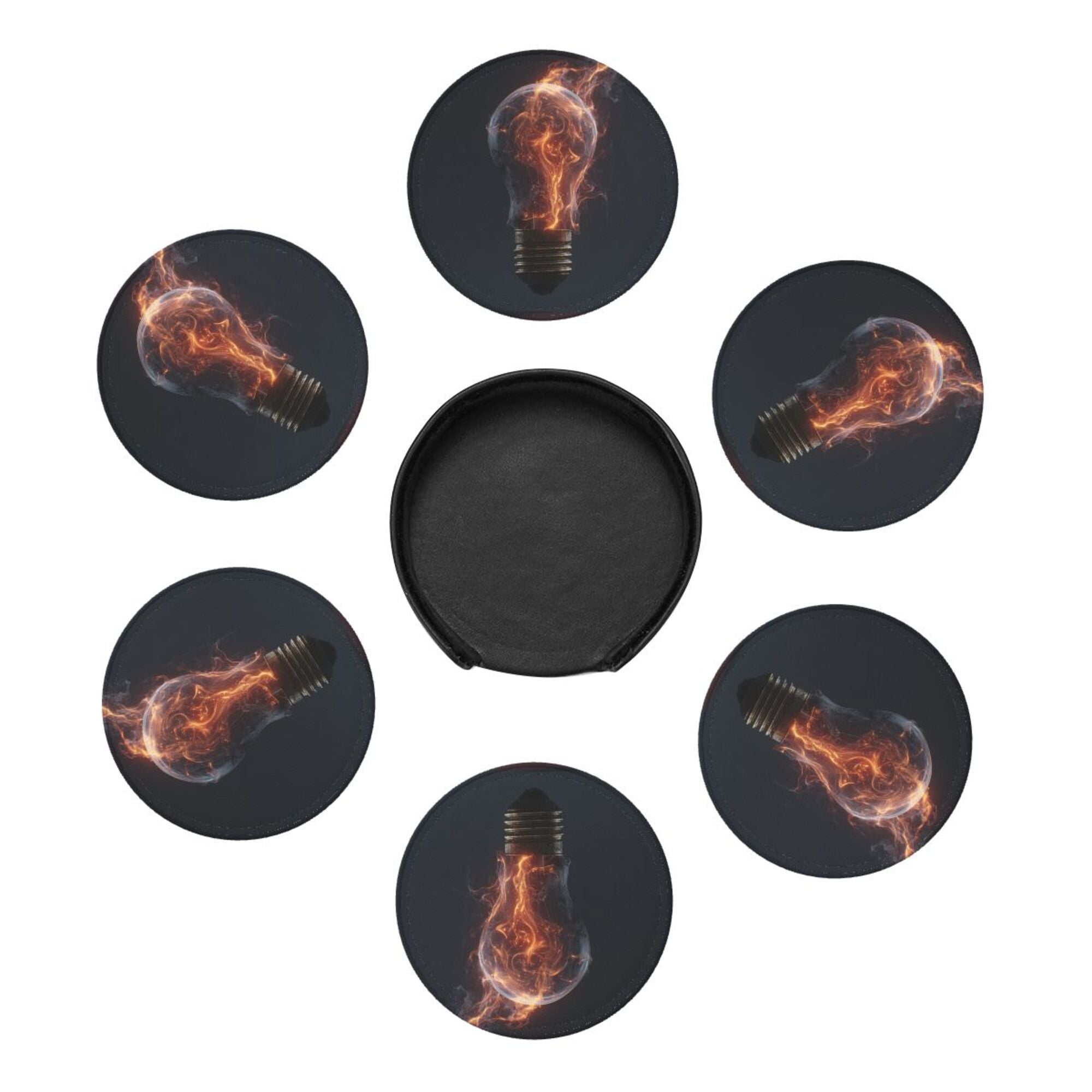 6 - Pack Round Leather Coasters: Flame Bulb Pattern, Exquisite Storage, Protecting the Desktop