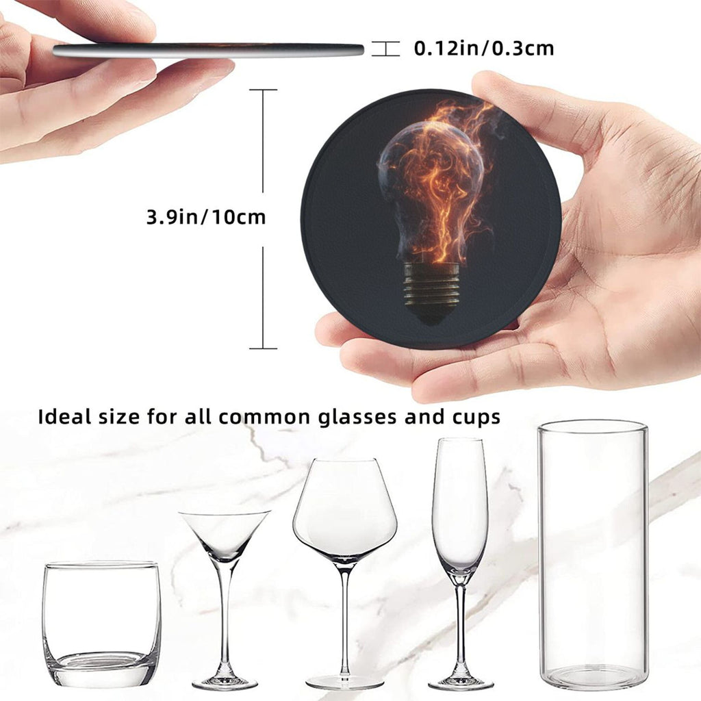 6 - Pack Round Leather Coasters: Flame Bulb Pattern, Exquisite Storage, Protecting the Desktop