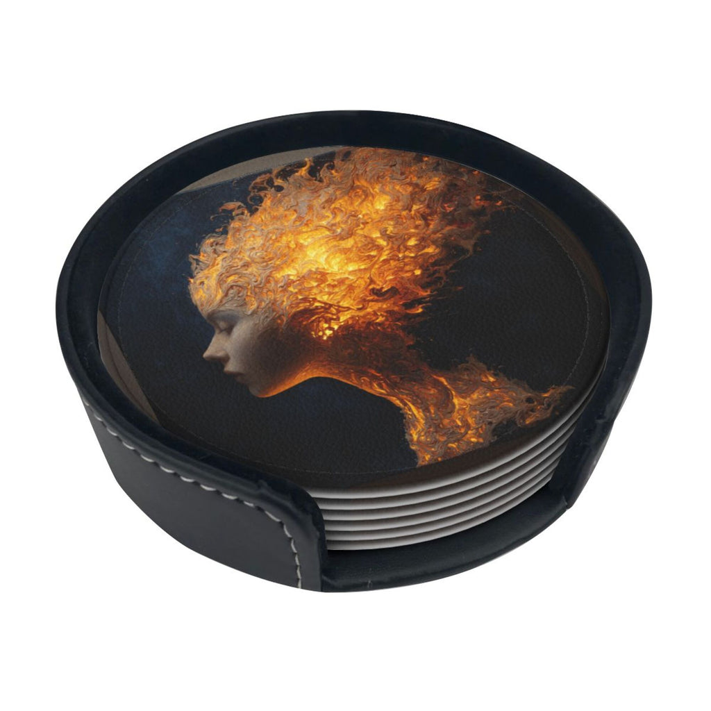 6 - Pack Round Leather Coasters: Flame Portrait Art Pattern, Exquisite Storage, Protecting the Desktop