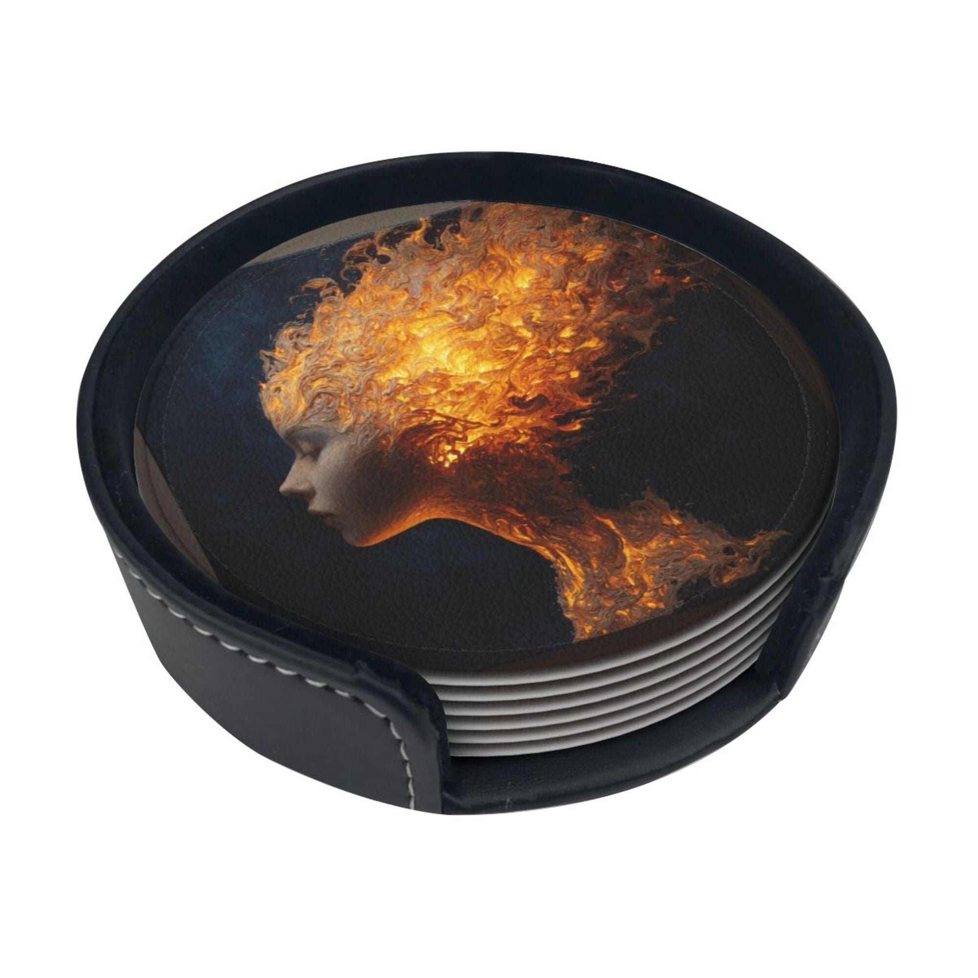 6 - Pack Round Leather Coasters: Flame Portrait Art Pattern, Exquisite Storage, Protecting the Desktop