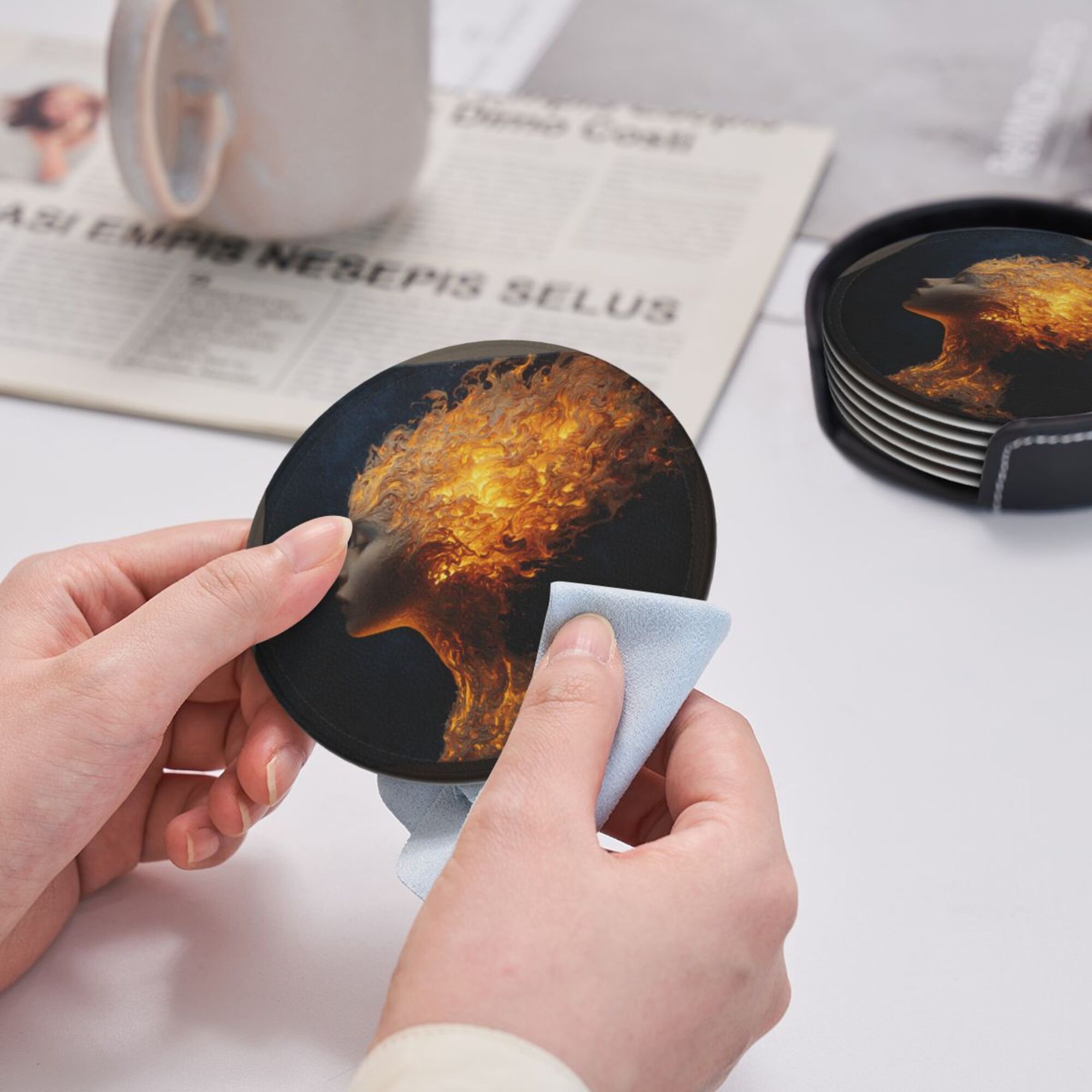 6 - Pack Round Leather Coasters: Flame Portrait Art Pattern, Exquisite Storage, Protecting the Desktop