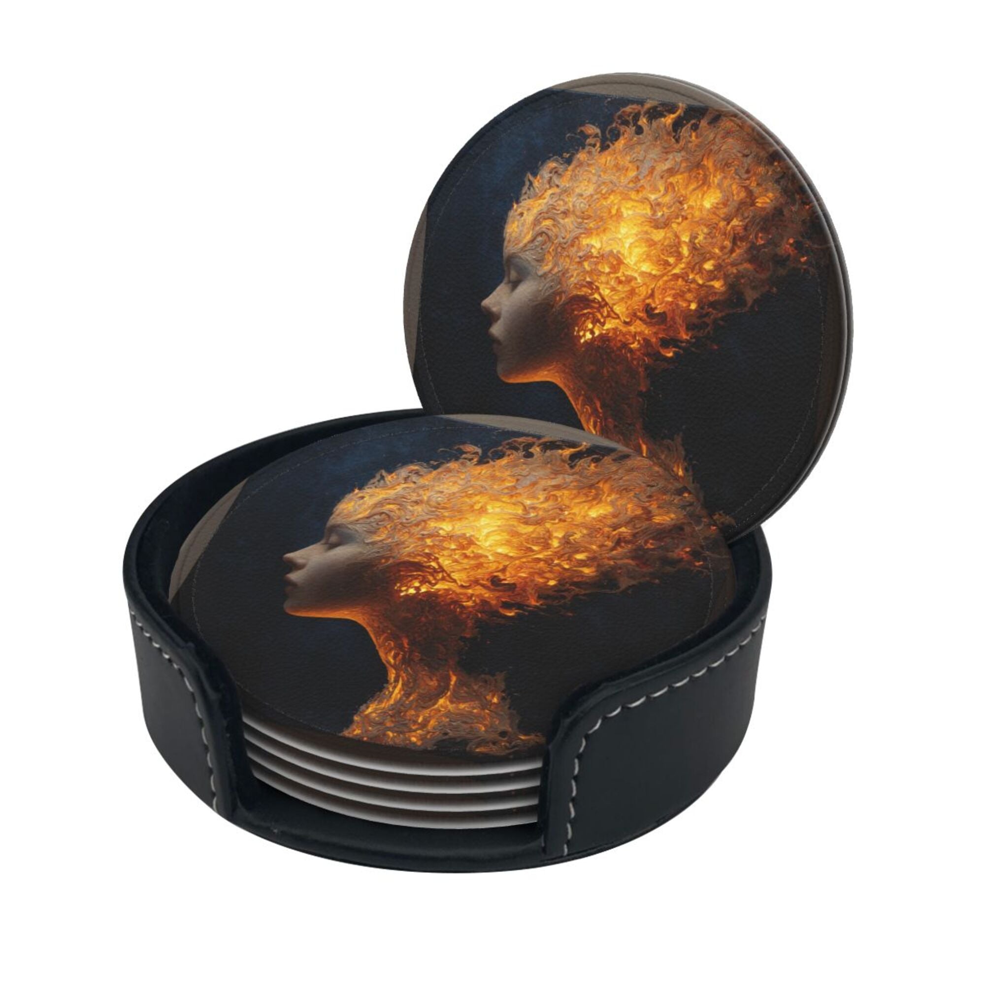 6 - Pack Round Leather Coasters: Flame Portrait Art Pattern, Exquisite Storage, Protecting the Desktop