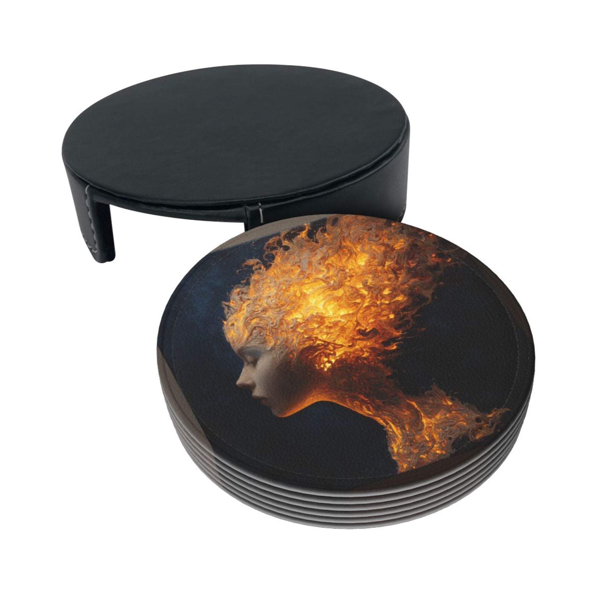 6 - Pack Round Leather Coasters: Flame Portrait Art Pattern, Exquisite Storage, Protecting the Desktop