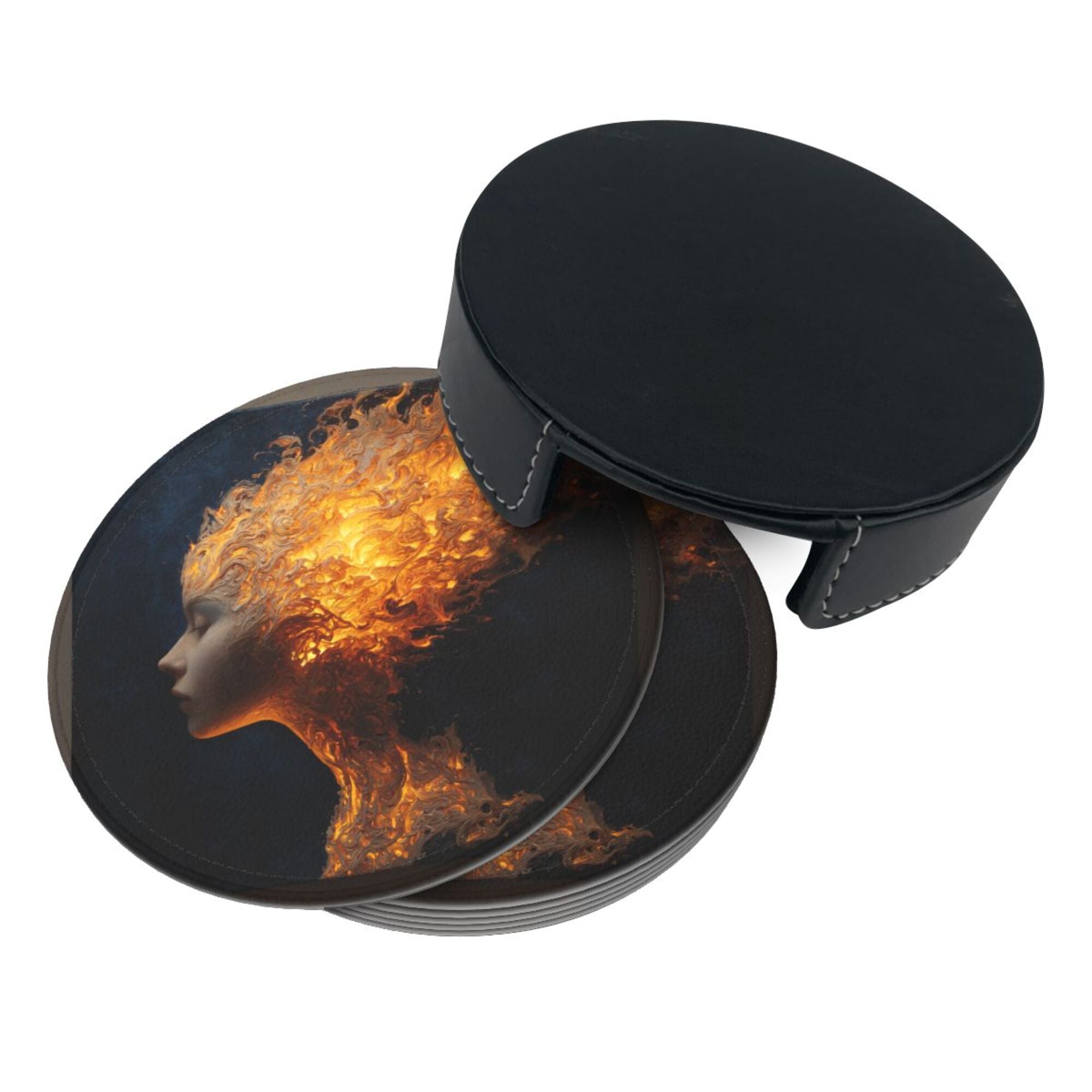 6 - Pack Round Leather Coasters: Flame Portrait Art Pattern, Exquisite Storage, Protecting the Desktop