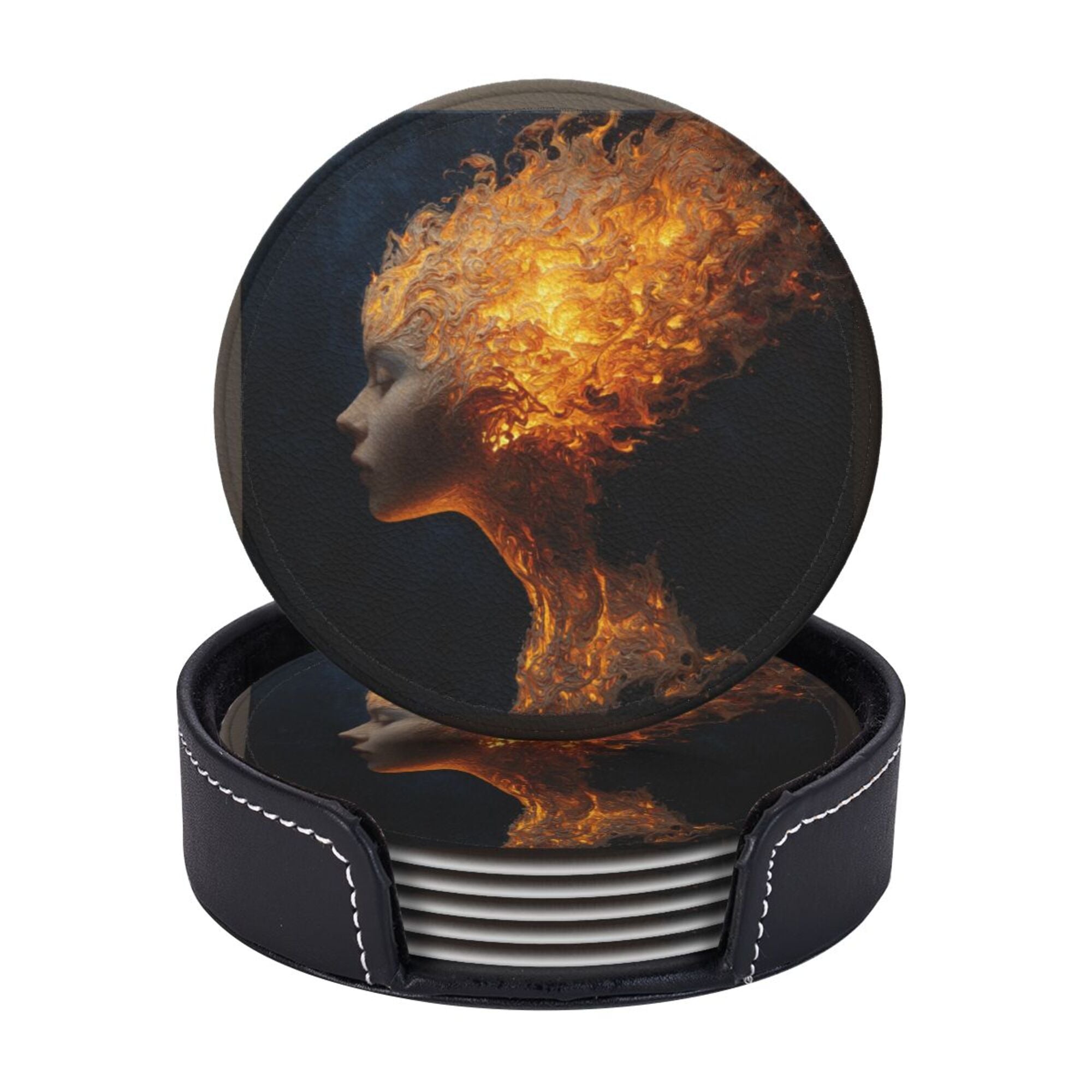 6 - Pack Round Leather Coasters: Flame Portrait Art Pattern, Exquisite Storage, Protecting the Desktop