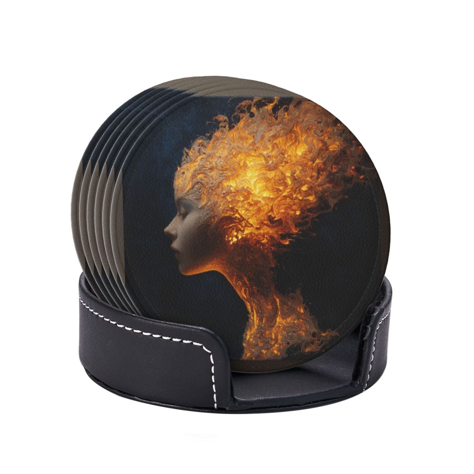 6 - Pack Round Leather Coasters: Flame Portrait Art Pattern, Exquisite Storage, Protecting the Desktop