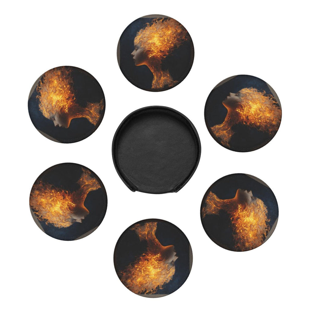 6 - Pack Round Leather Coasters: Flame Portrait Art Pattern, Exquisite Storage, Protecting the Desktop