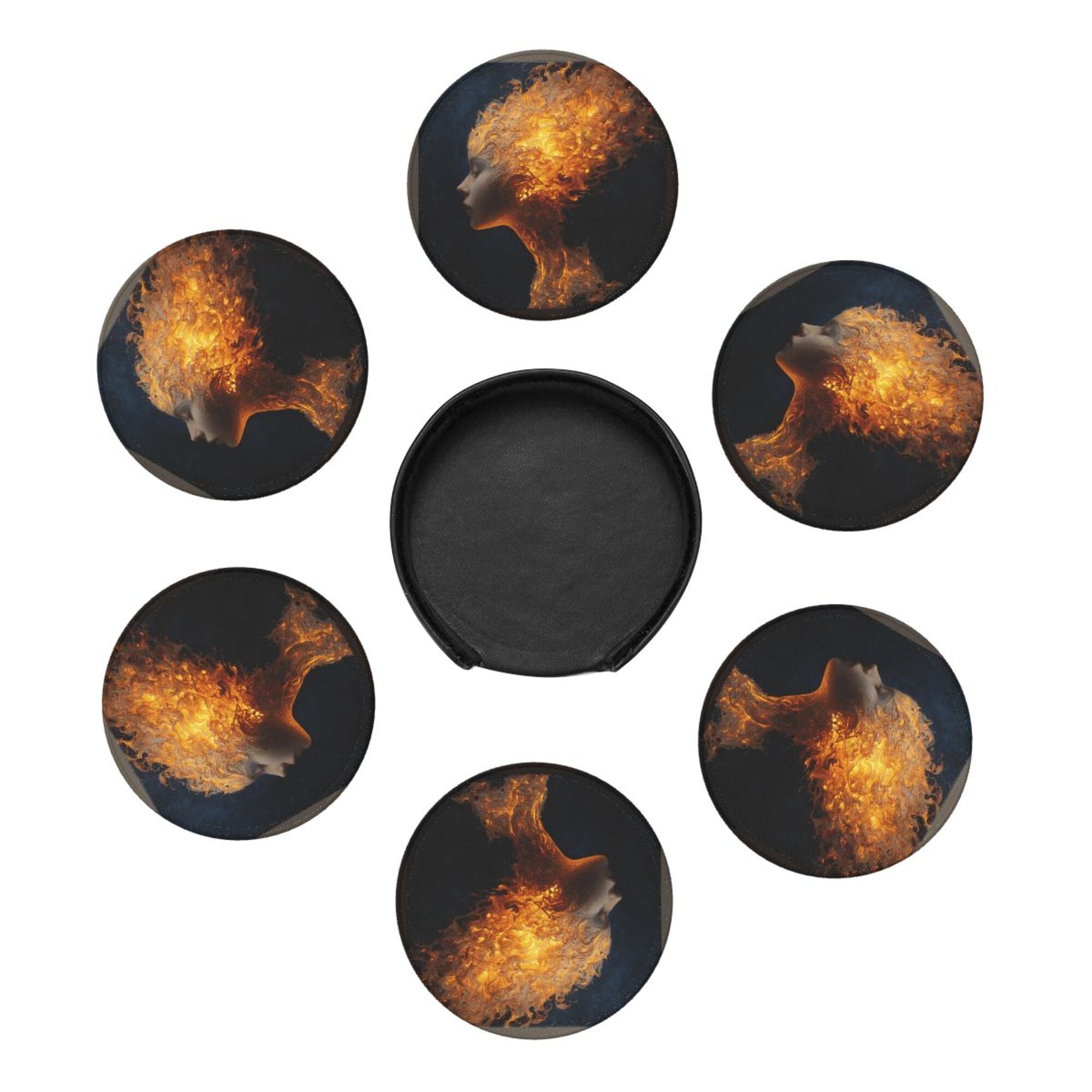 6 - Pack Round Leather Coasters: Flame Portrait Art Pattern, Exquisite Storage, Protecting the Desktop