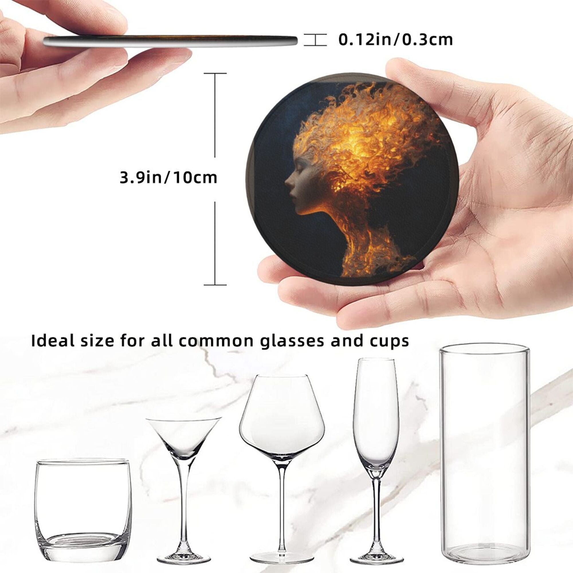 6 - Pack Round Leather Coasters: Flame Portrait Art Pattern, Exquisite Storage, Protecting the Desktop