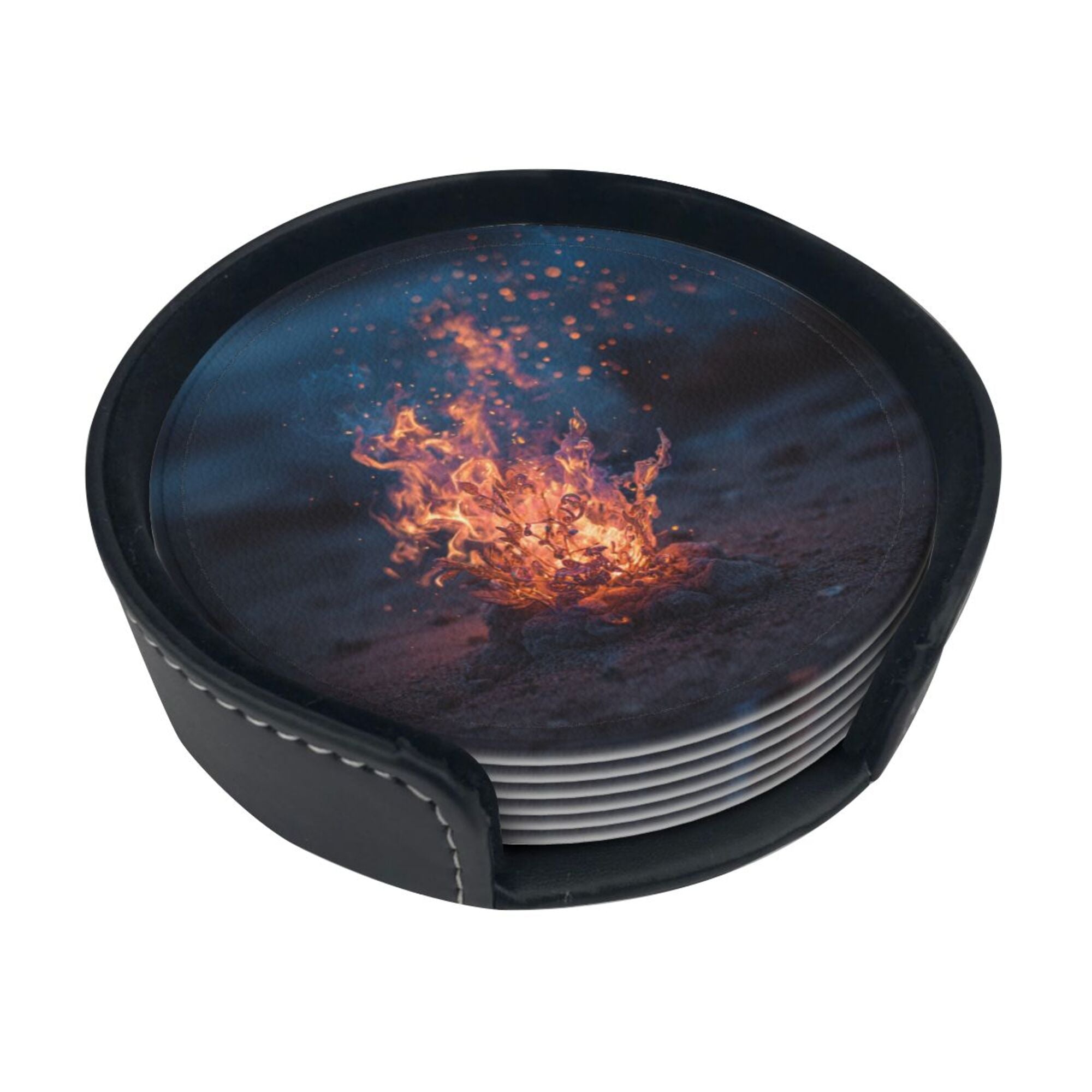 6 - Pack Round Leather Coasters: Campfire Pattern, Exquisite Storage, Protecting the Desktop