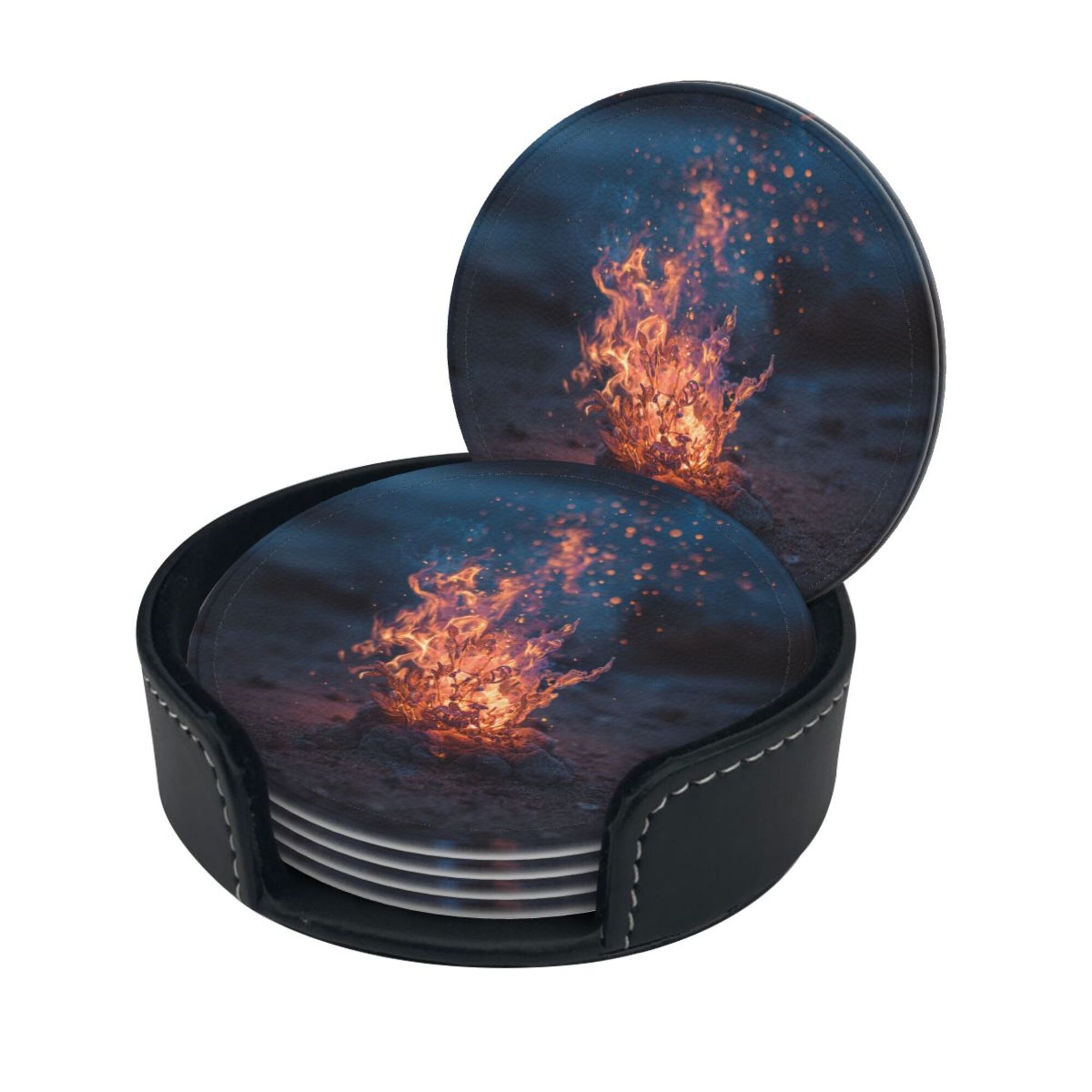 6 - Pack Round Leather Coasters: Campfire Pattern, Exquisite Storage, Protecting the Desktop