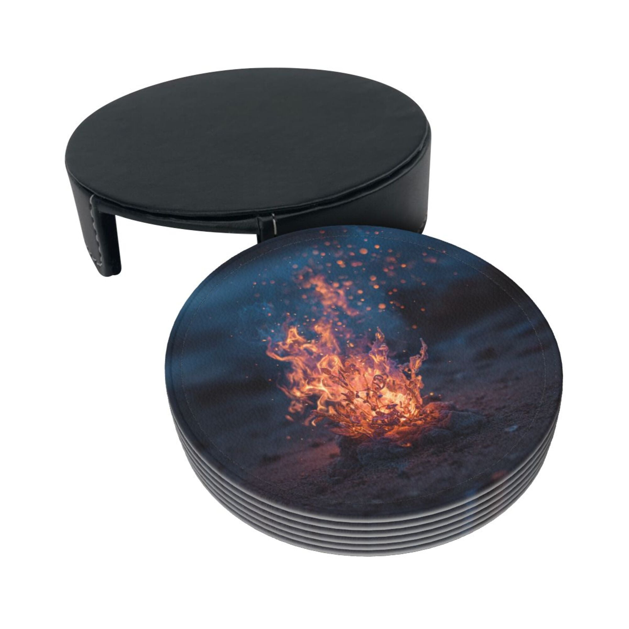 6 - Pack Round Leather Coasters: Campfire Pattern, Exquisite Storage, Protecting the Desktop