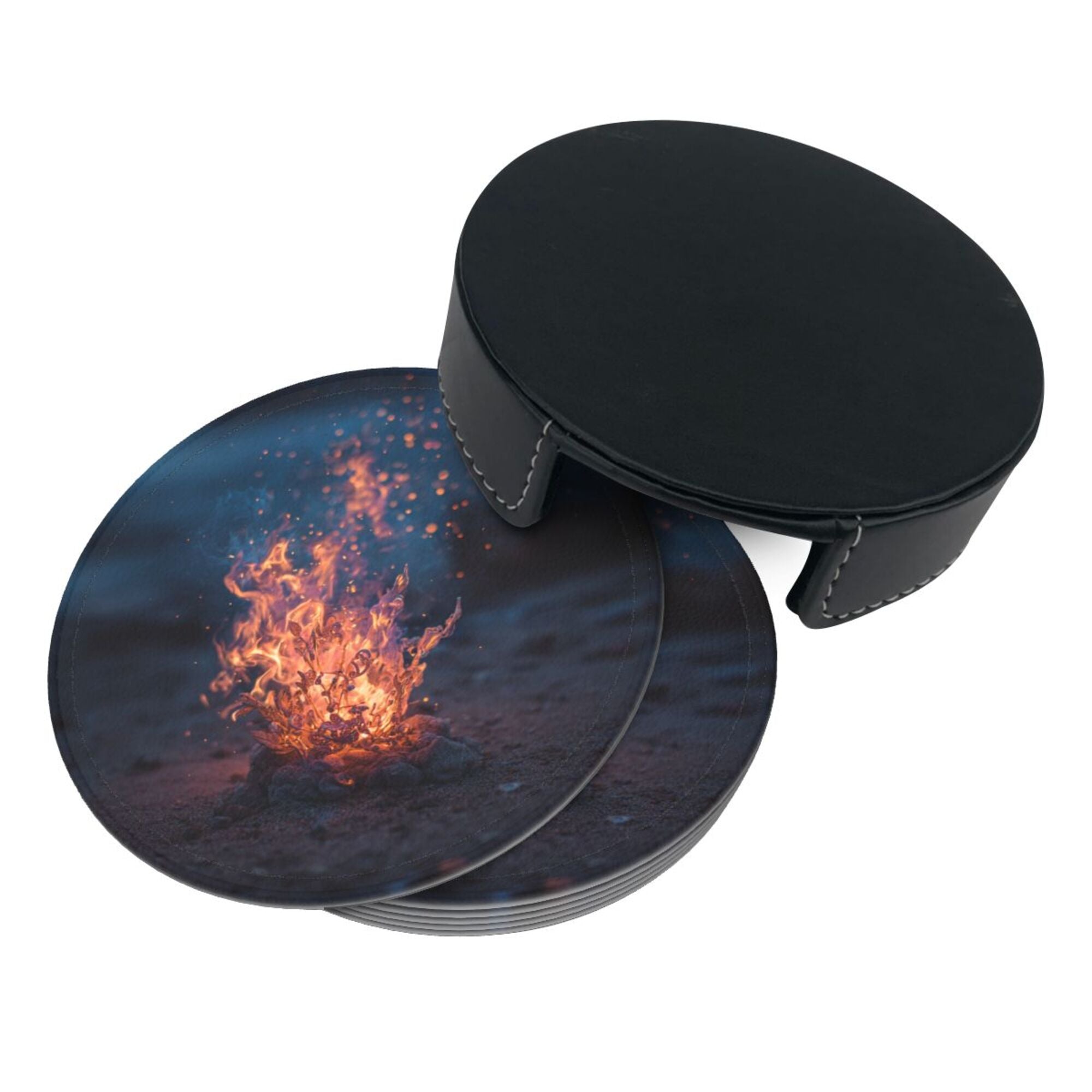 6 - Pack Round Leather Coasters: Campfire Pattern, Exquisite Storage, Protecting the Desktop