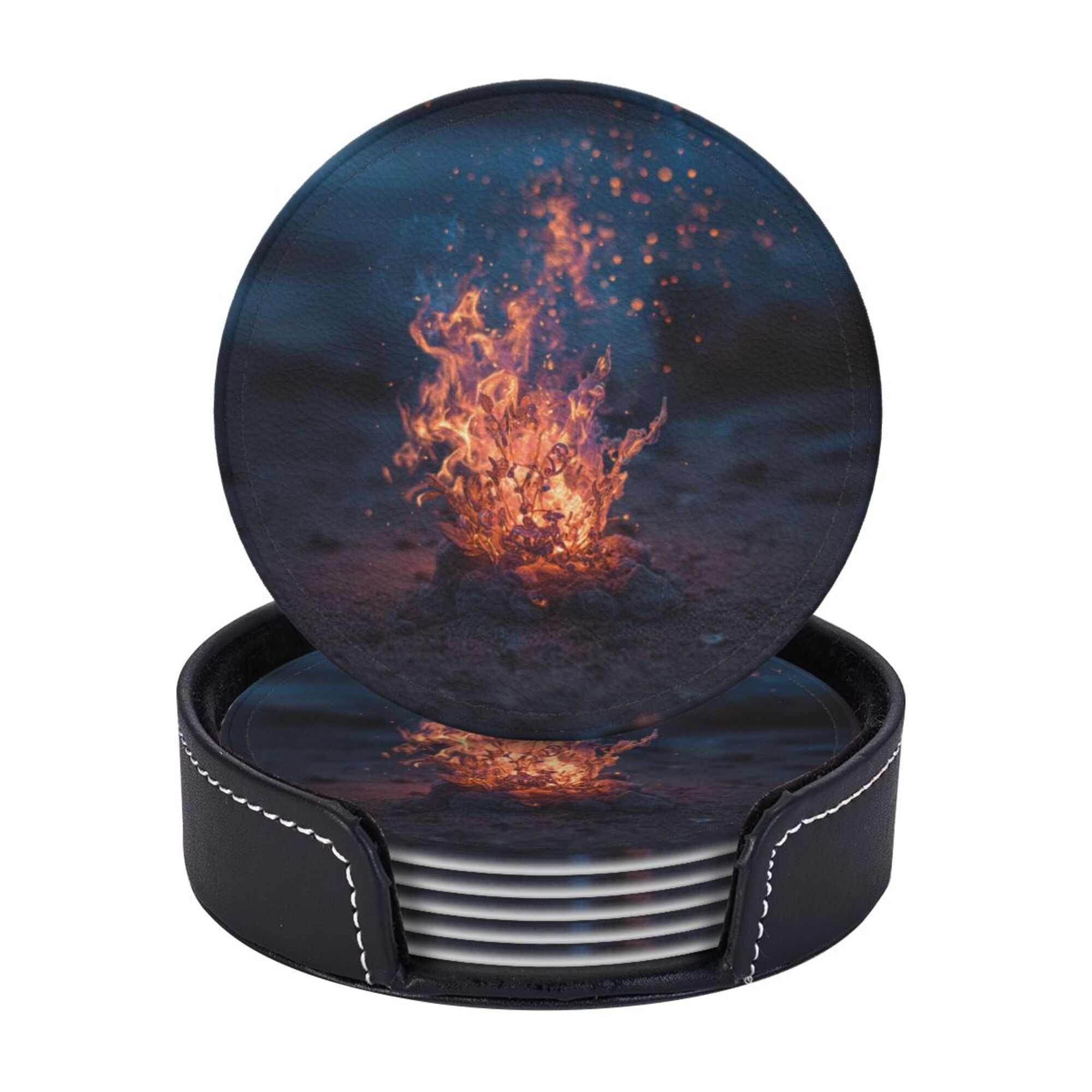 6 - Pack Round Leather Coasters: Campfire Pattern, Exquisite Storage, Protecting the Desktop