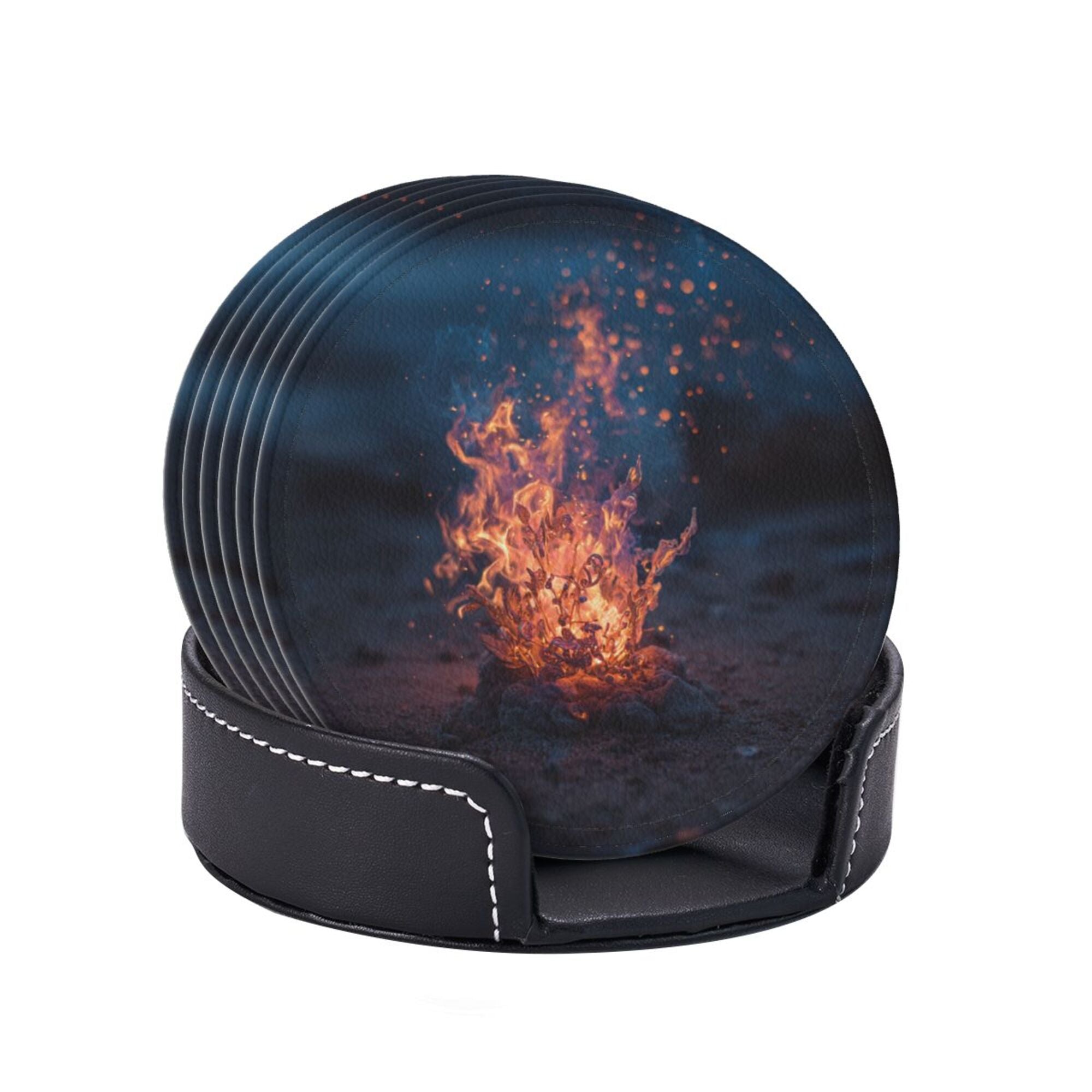 6 - Pack Round Leather Coasters: Campfire Pattern, Exquisite Storage, Protecting the Desktop