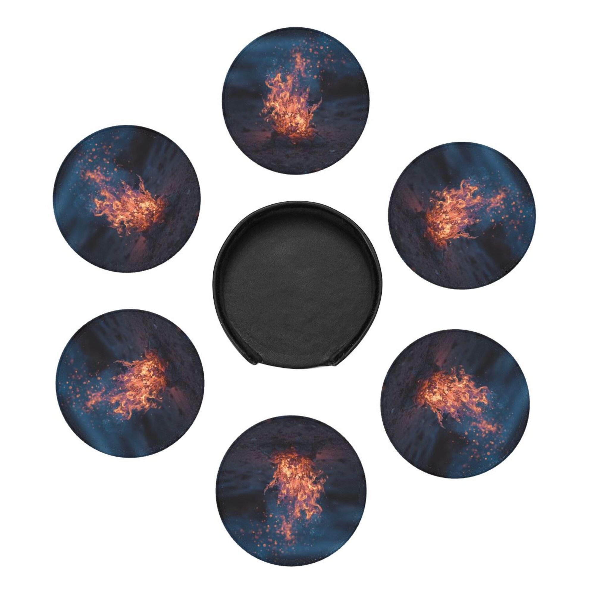 6 - Pack Round Leather Coasters: Campfire Pattern, Exquisite Storage, Protecting the Desktop