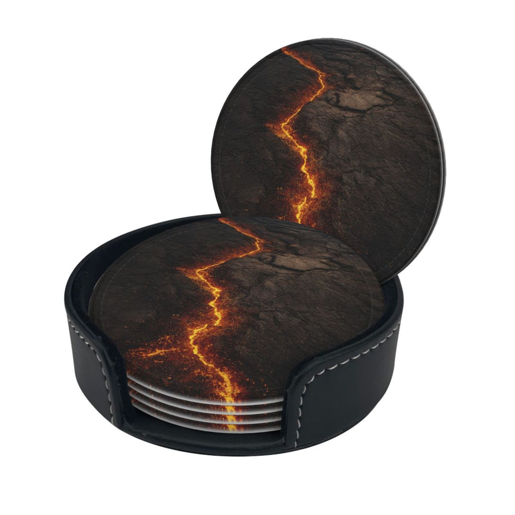 6 - Pack Round Leather Coasters: Lava Crack Pattern, Exquisite Storage, Protecting the Desktop