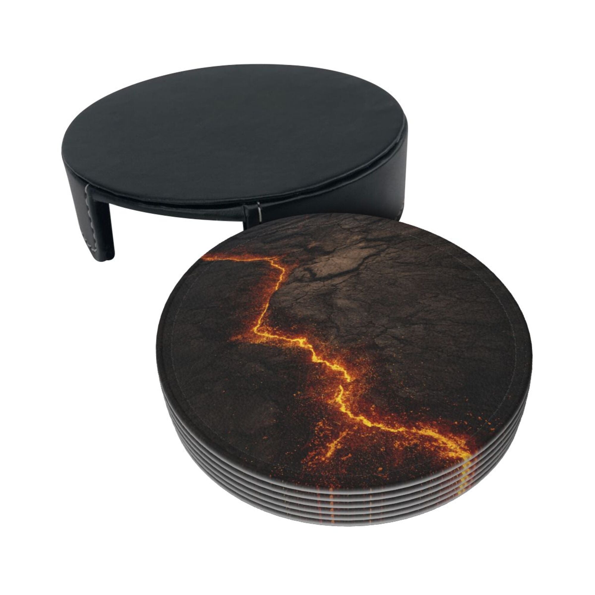 6 - Pack Round Leather Coasters: Lava Crack Pattern, Exquisite Storage, Protecting the Desktop