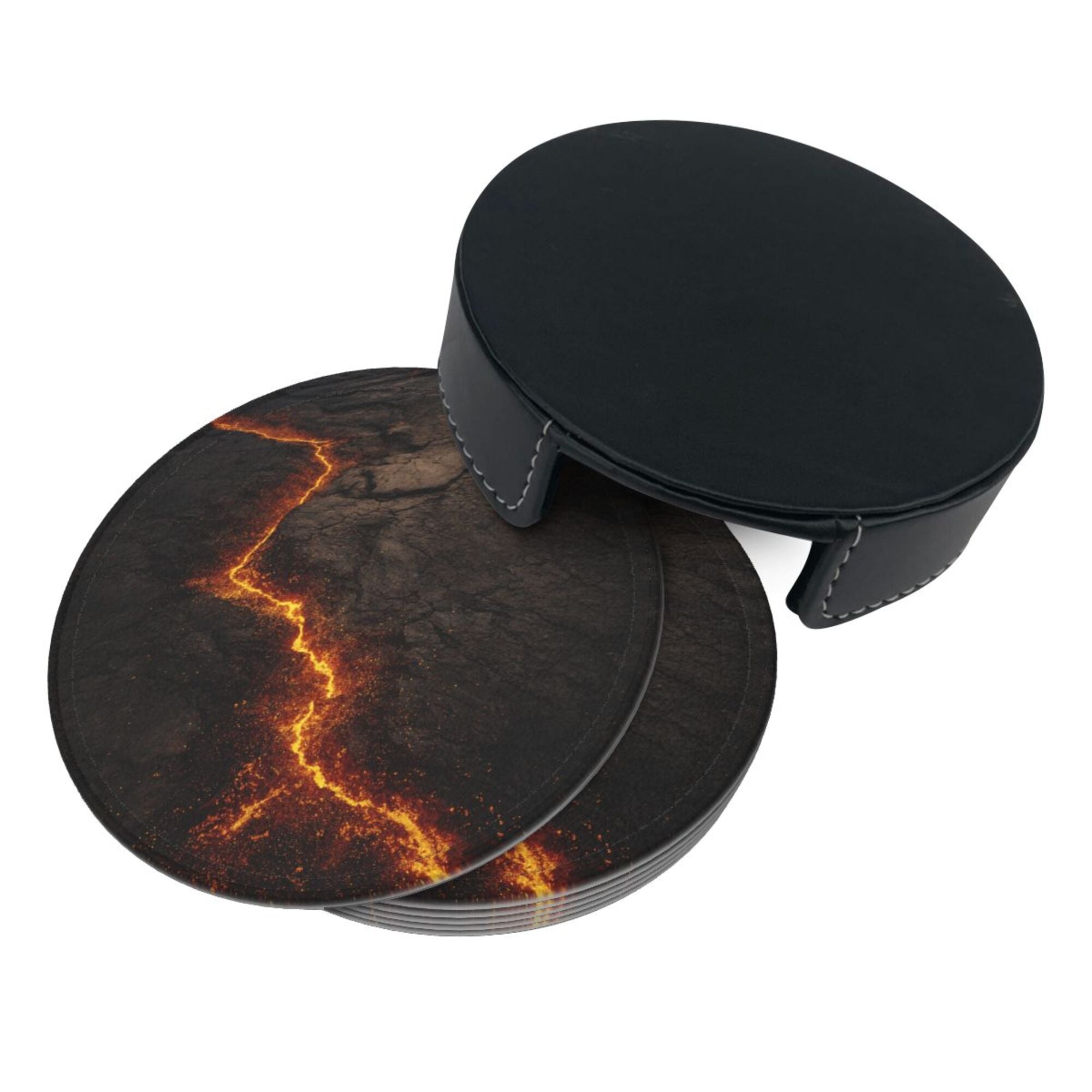6 - Pack Round Leather Coasters: Lava Crack Pattern, Exquisite Storage, Protecting the Desktop
