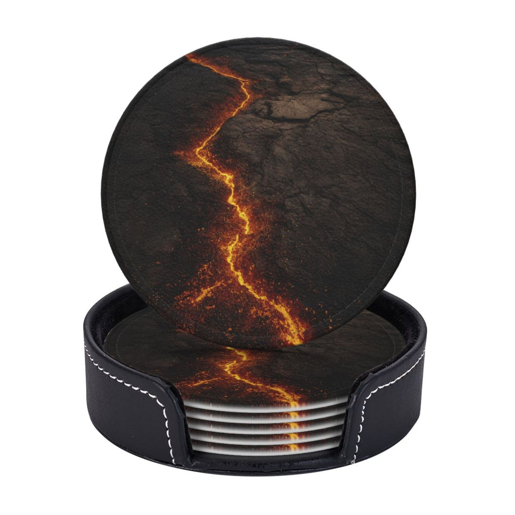 6 - Pack Round Leather Coasters: Lava Crack Pattern, Exquisite Storage, Protecting the Desktop
