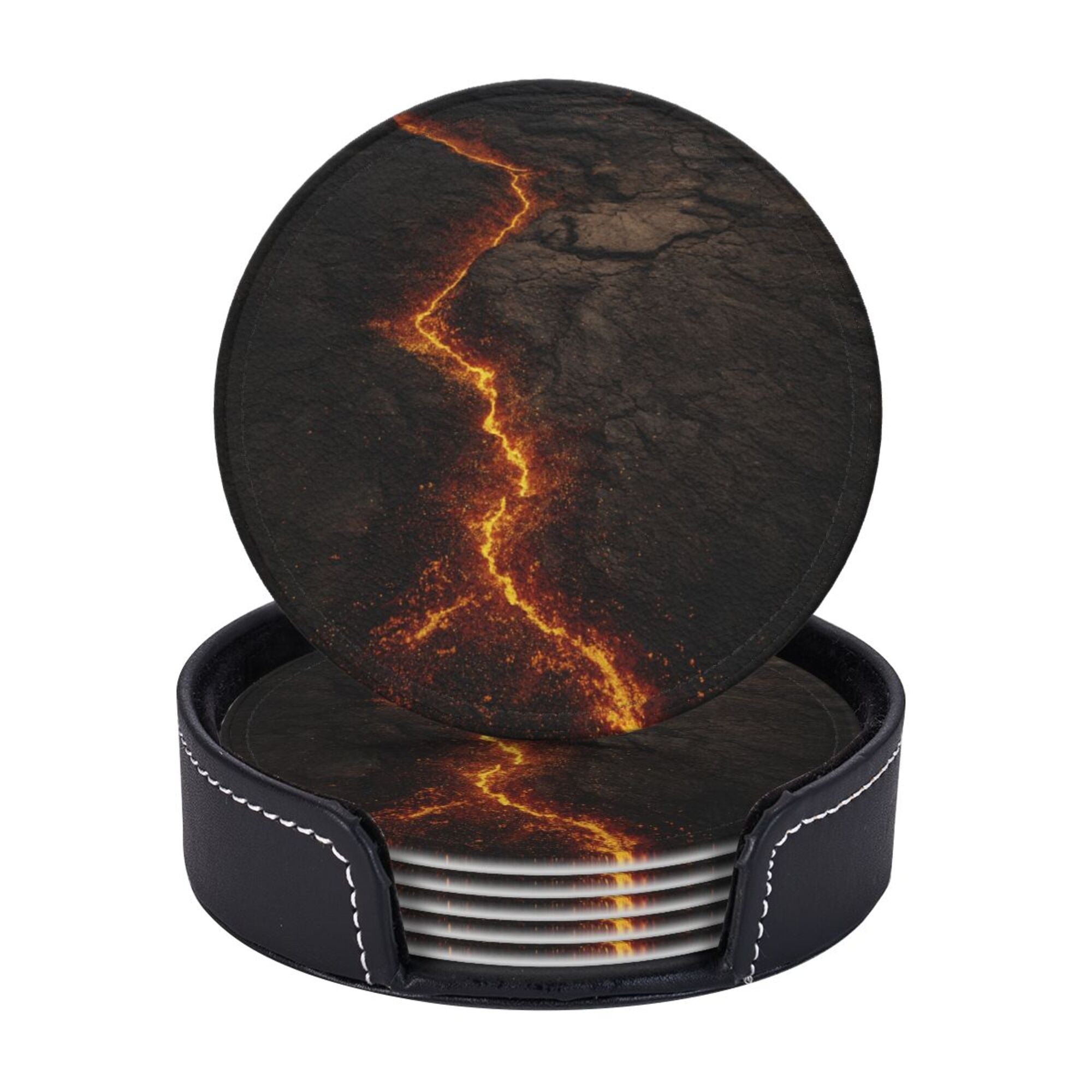 6 - Pack Round Leather Coasters: Lava Crack Pattern, Exquisite Storage, Protecting the Desktop