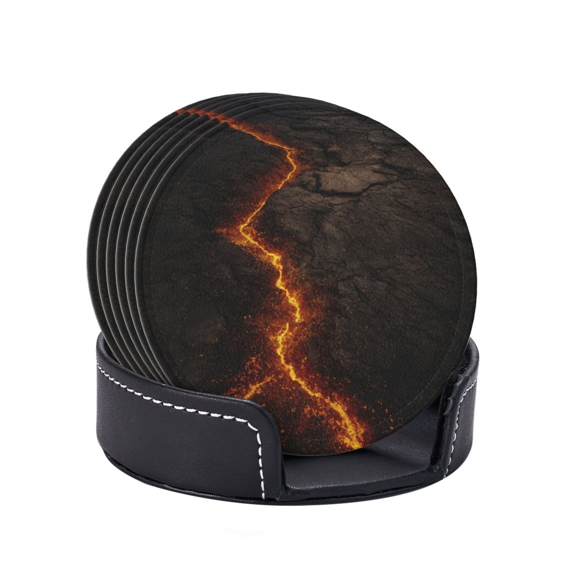 6 - Pack Round Leather Coasters: Lava Crack Pattern, Exquisite Storage, Protecting the Desktop