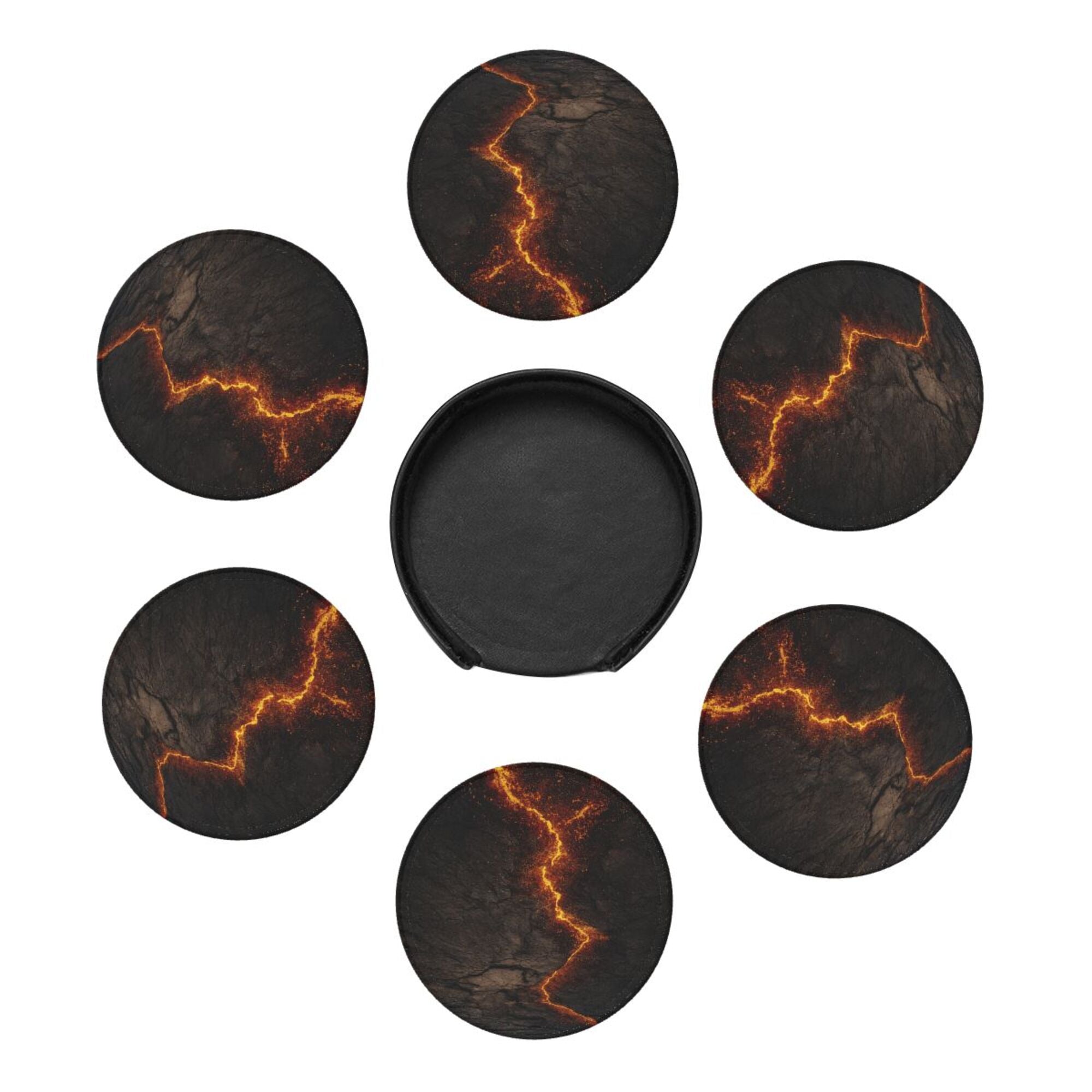 6 - Pack Round Leather Coasters: Lava Crack Pattern, Exquisite Storage, Protecting the Desktop
