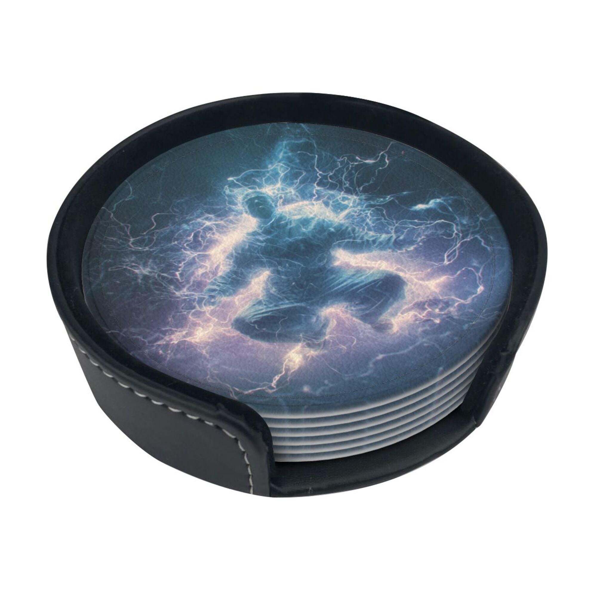 6 - Pack Round Leather Coasters: Lightning Figure Pattern, Exquisite Storage, Protecting the Desktop