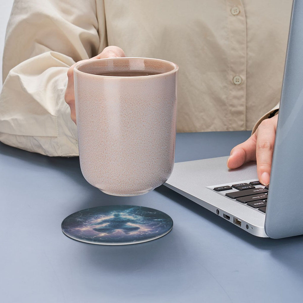6 - Pack Round Leather Coasters: Lightning Figure Pattern, Exquisite Storage, Protecting the Desktop