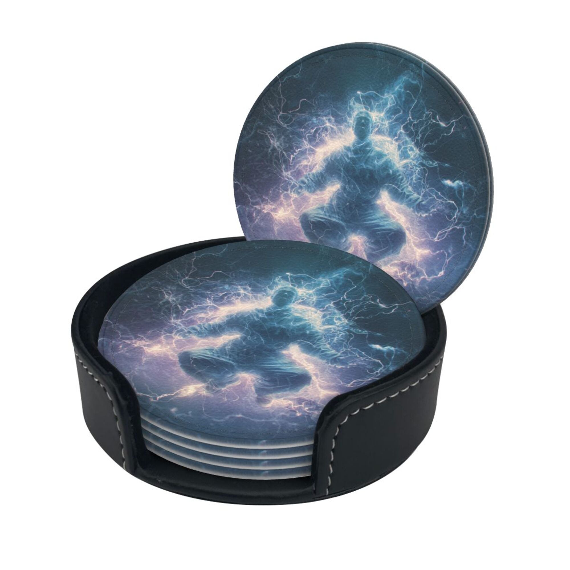 6 - Pack Round Leather Coasters: Lightning Figure Pattern, Exquisite Storage, Protecting the Desktop