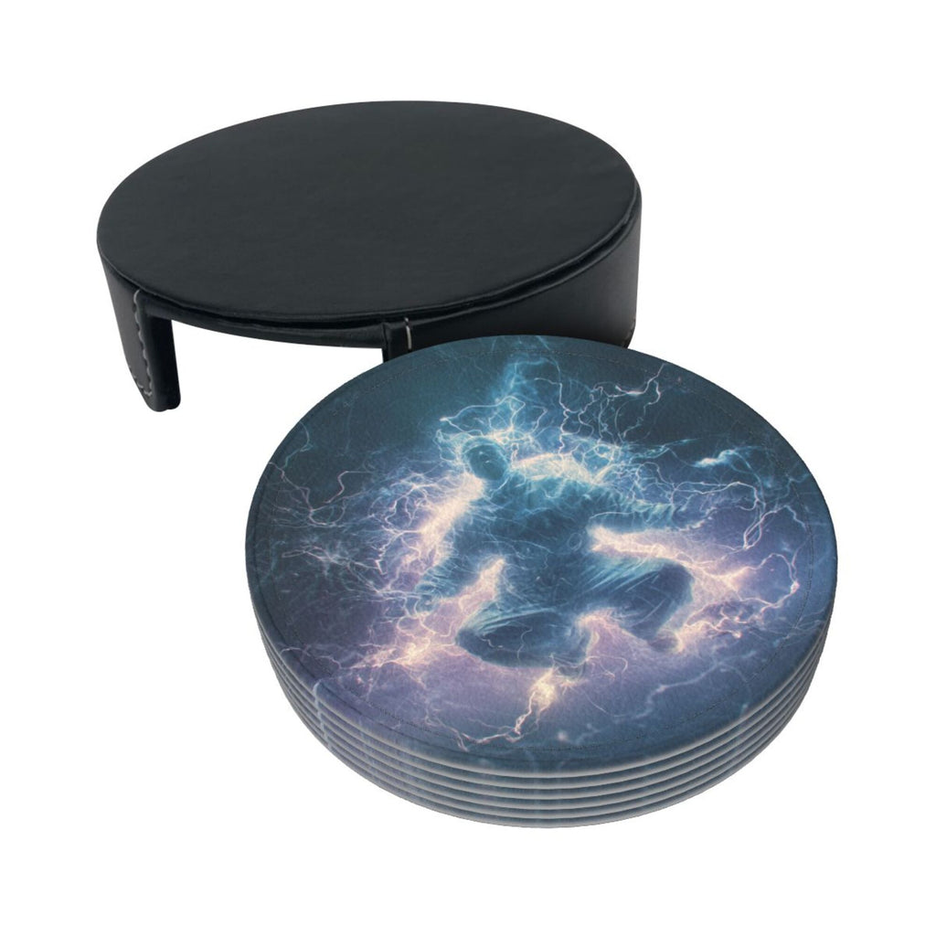 6 - Pack Round Leather Coasters: Lightning Figure Pattern, Exquisite Storage, Protecting the Desktop