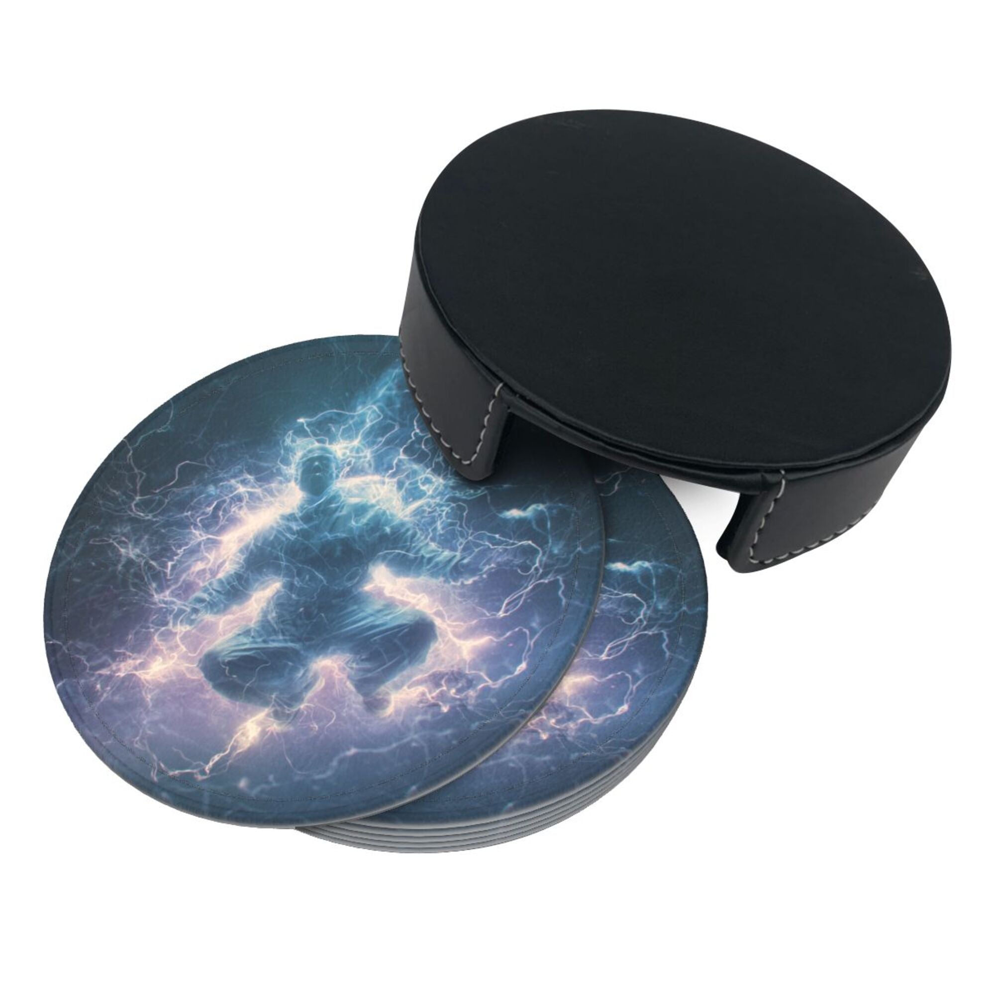 6 - Pack Round Leather Coasters: Lightning Figure Pattern, Exquisite Storage, Protecting the Desktop