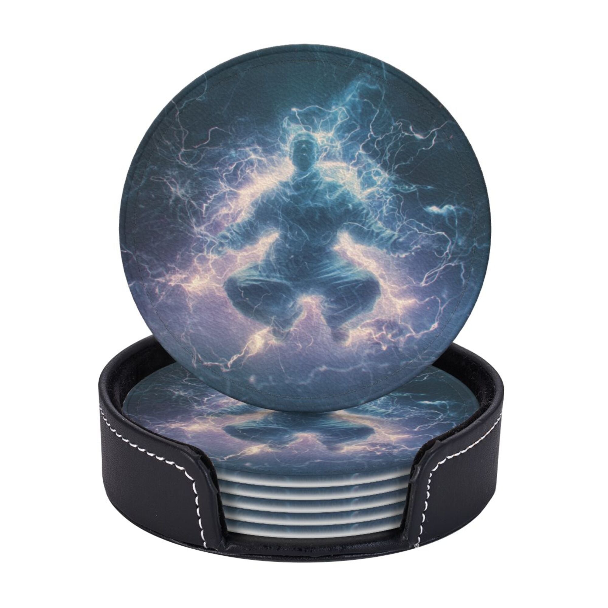 6 - Pack Round Leather Coasters: Lightning Figure Pattern, Exquisite Storage, Protecting the Desktop
