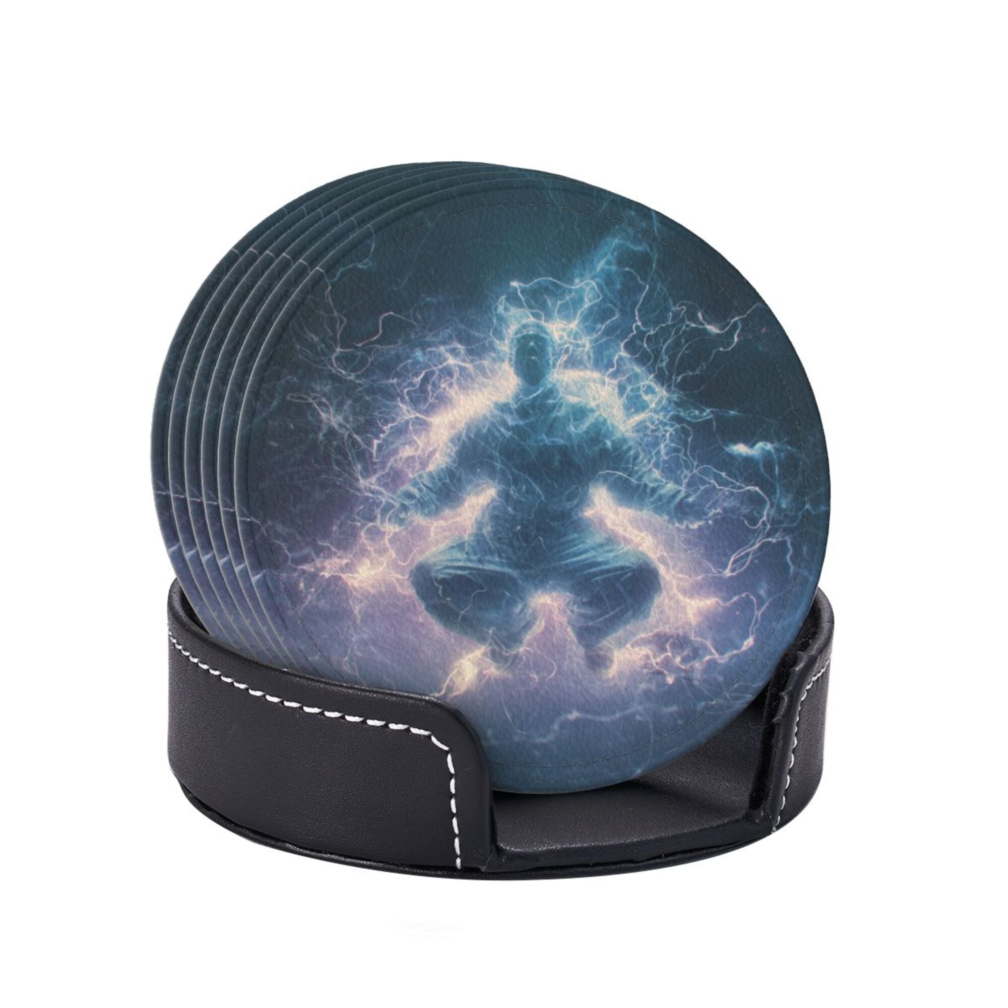 6 - Pack Round Leather Coasters: Lightning Figure Pattern, Exquisite Storage, Protecting the Desktop