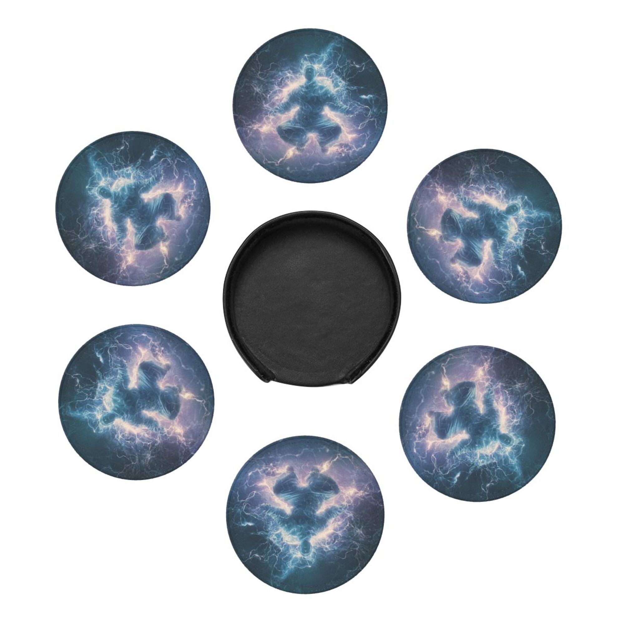 6 - Pack Round Leather Coasters: Lightning Figure Pattern, Exquisite Storage, Protecting the Desktop