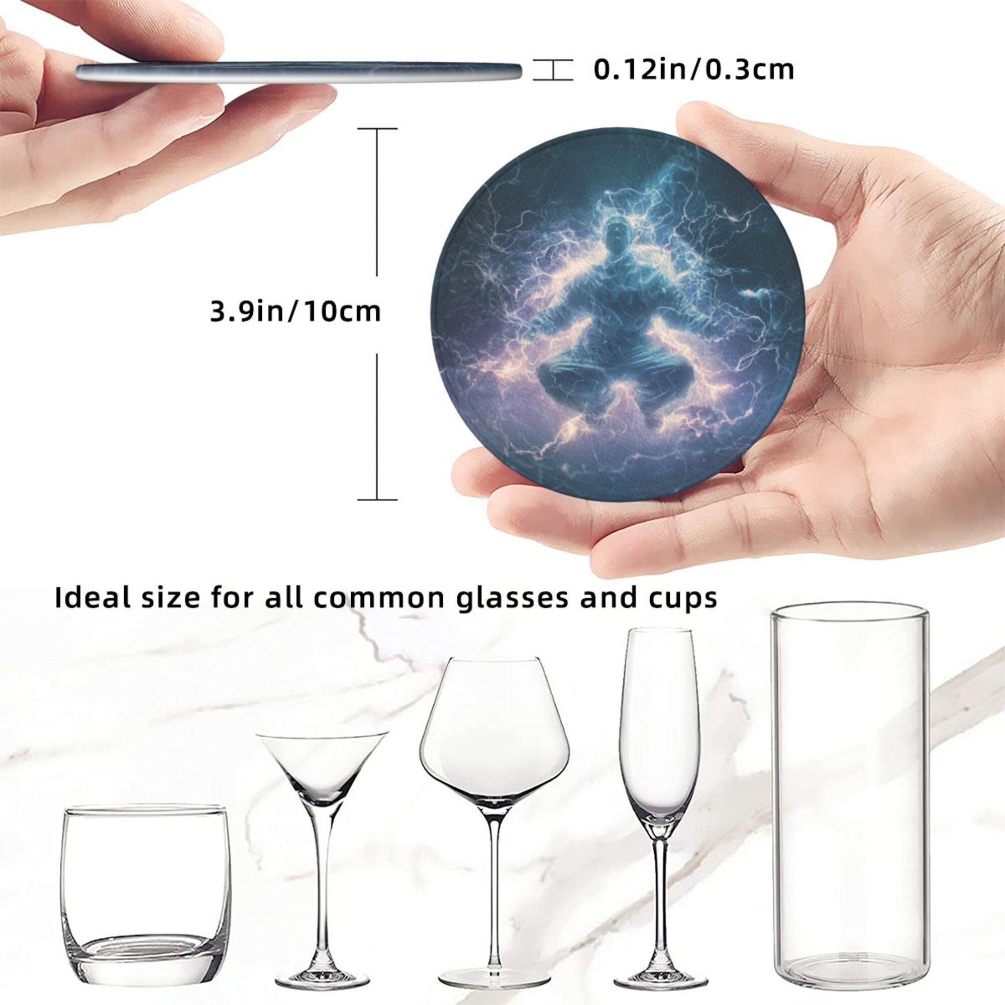 6 - Pack Round Leather Coasters: Lightning Figure Pattern, Exquisite Storage, Protecting the Desktop