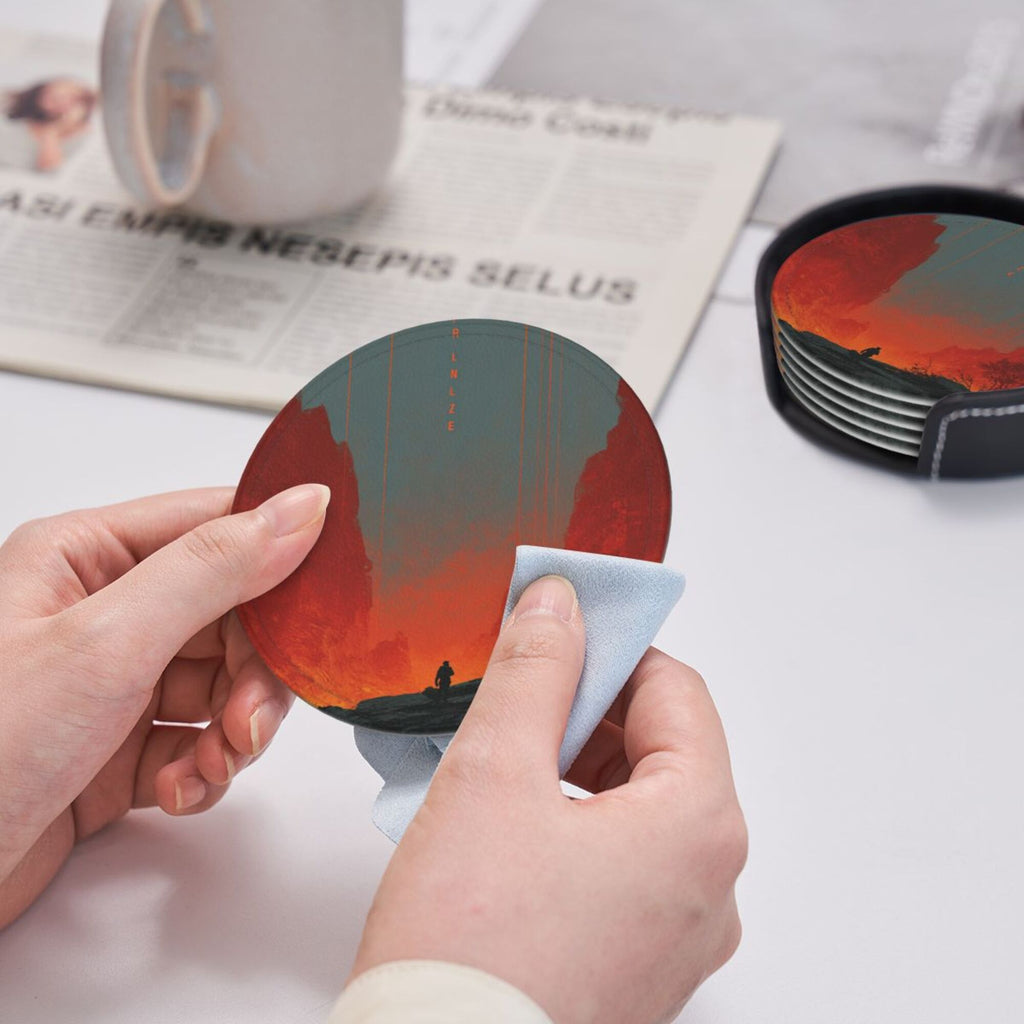 6 - Pack Round Leather Coasters: Scarlet Valley Figure Pattern, Exquisite Storage, Protecting the Desktop