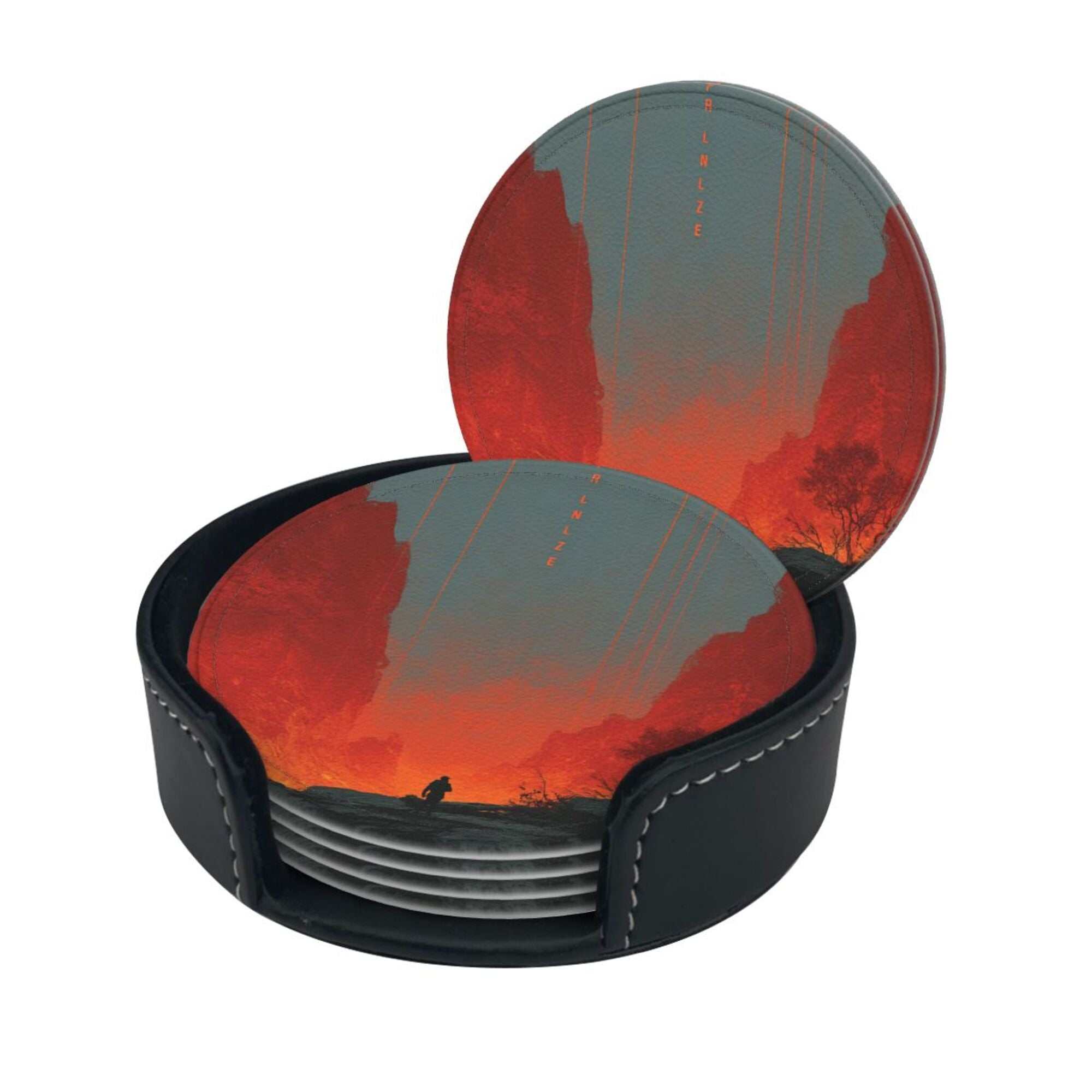 6 - Pack Round Leather Coasters: Scarlet Valley Figure Pattern, Exquisite Storage, Protecting the Desktop