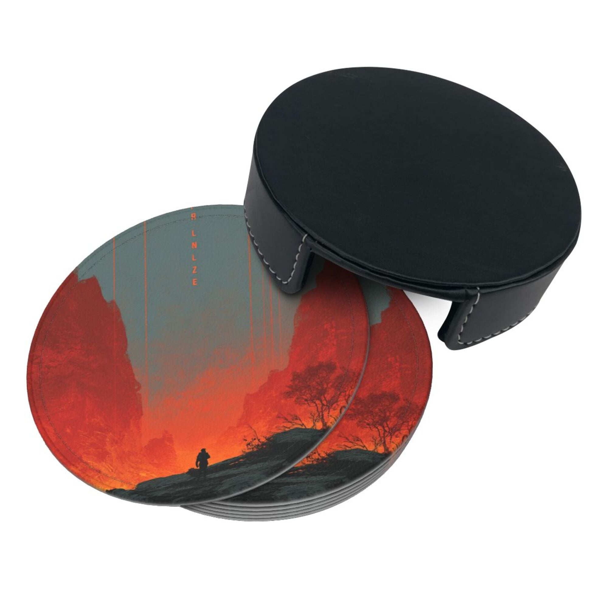 6 - Pack Round Leather Coasters: Scarlet Valley Figure Pattern, Exquisite Storage, Protecting the Desktop