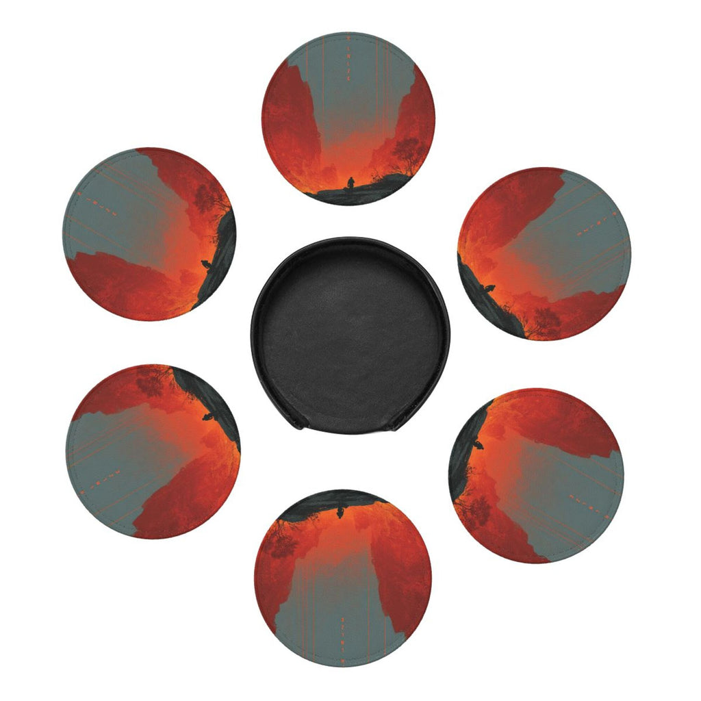 6 - Pack Round Leather Coasters: Scarlet Valley Figure Pattern, Exquisite Storage, Protecting the Desktop