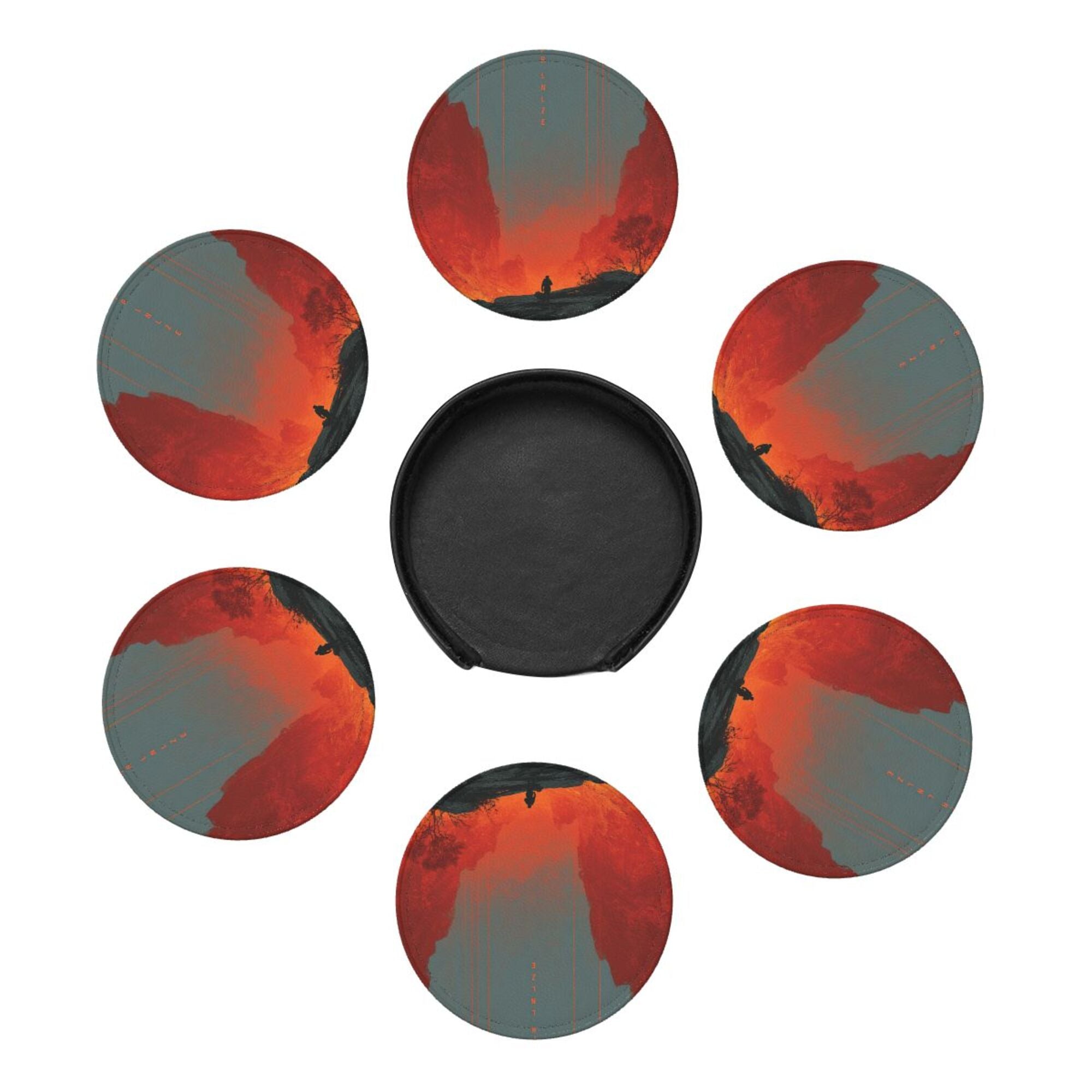 6 - Pack Round Leather Coasters: Scarlet Valley Figure Pattern, Exquisite Storage, Protecting the Desktop