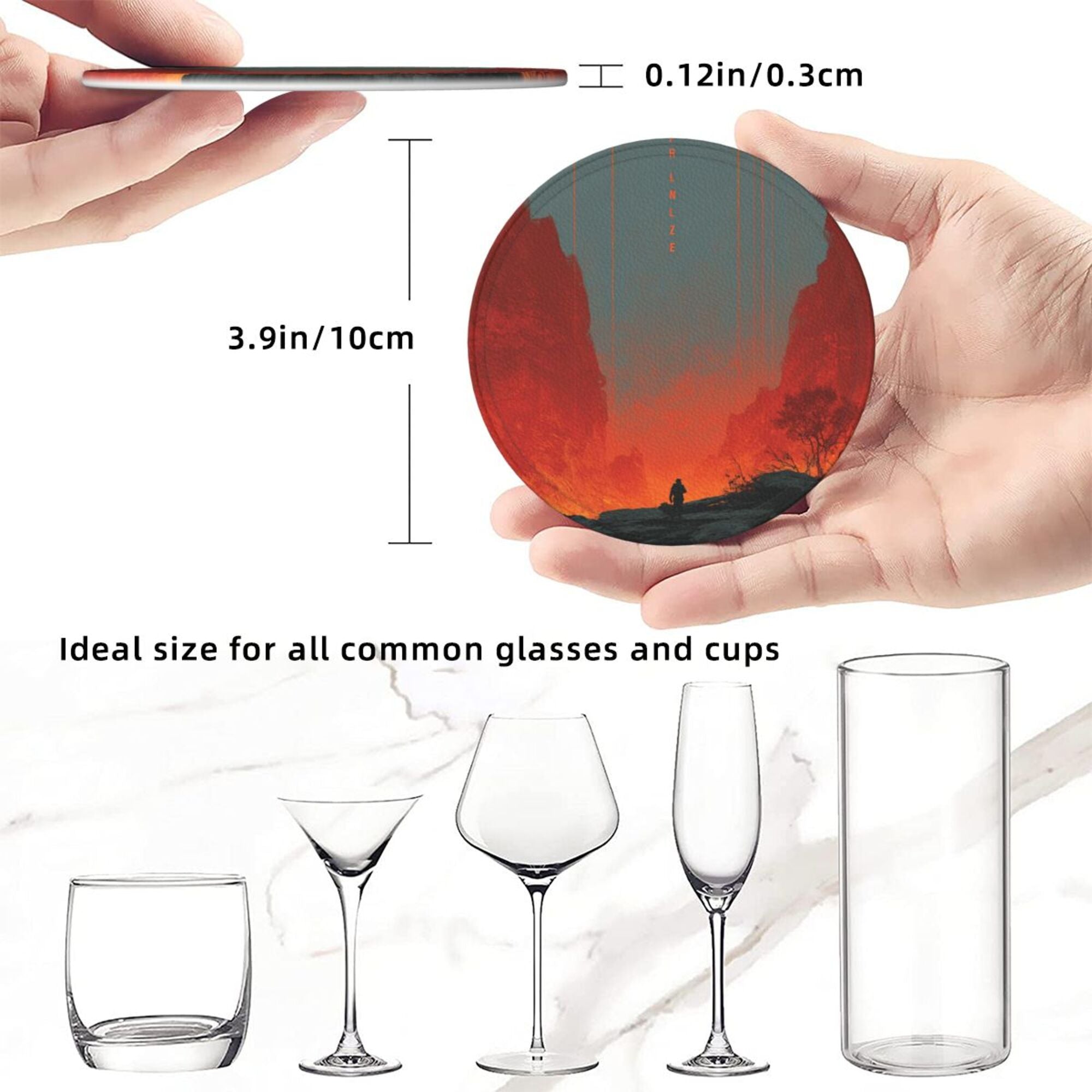 6 - Pack Round Leather Coasters: Scarlet Valley Figure Pattern, Exquisite Storage, Protecting the Desktop