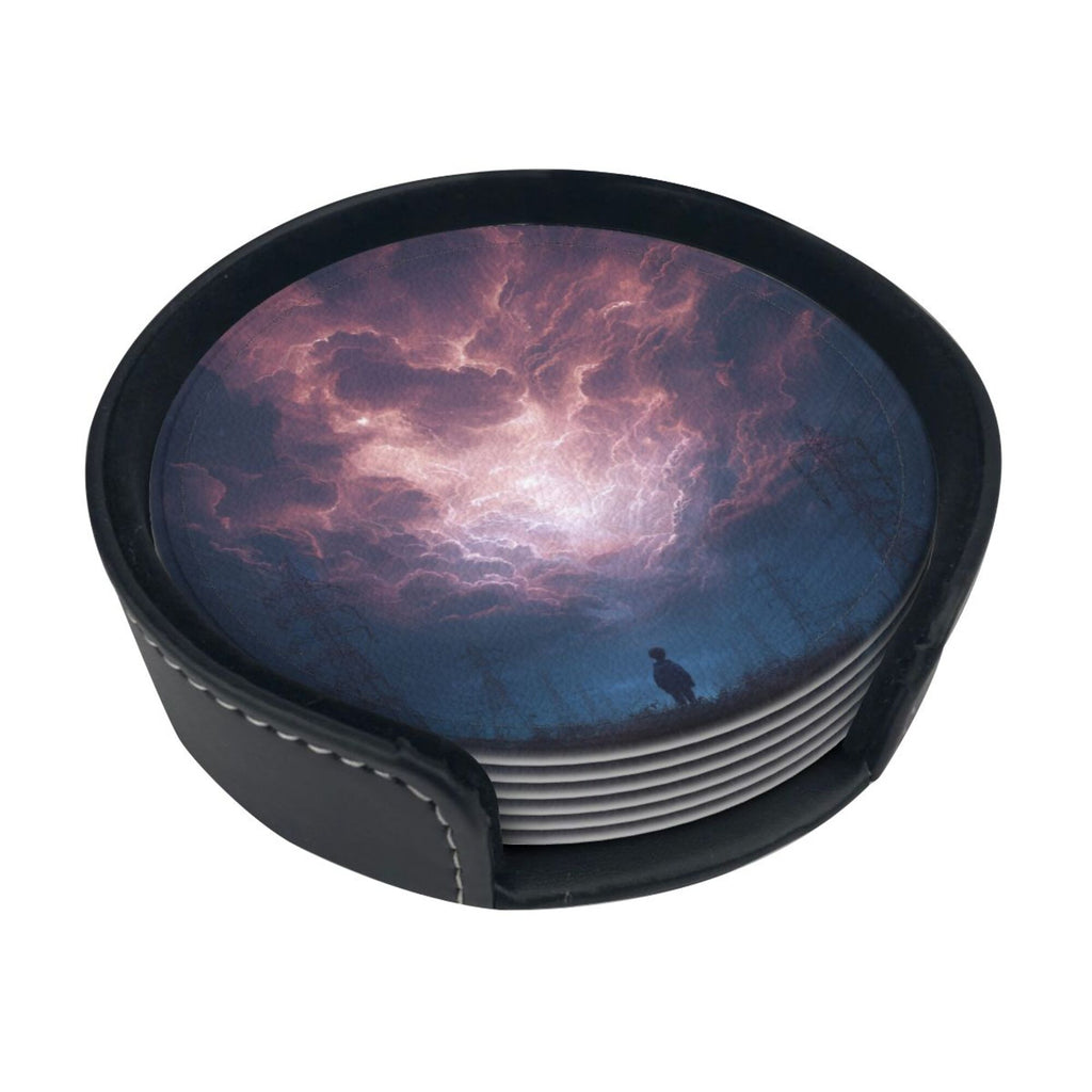6 - Pack Round Leather Coasters: Purple Sky Figure Pattern, Exquisite Storage, Protecting the Desktop