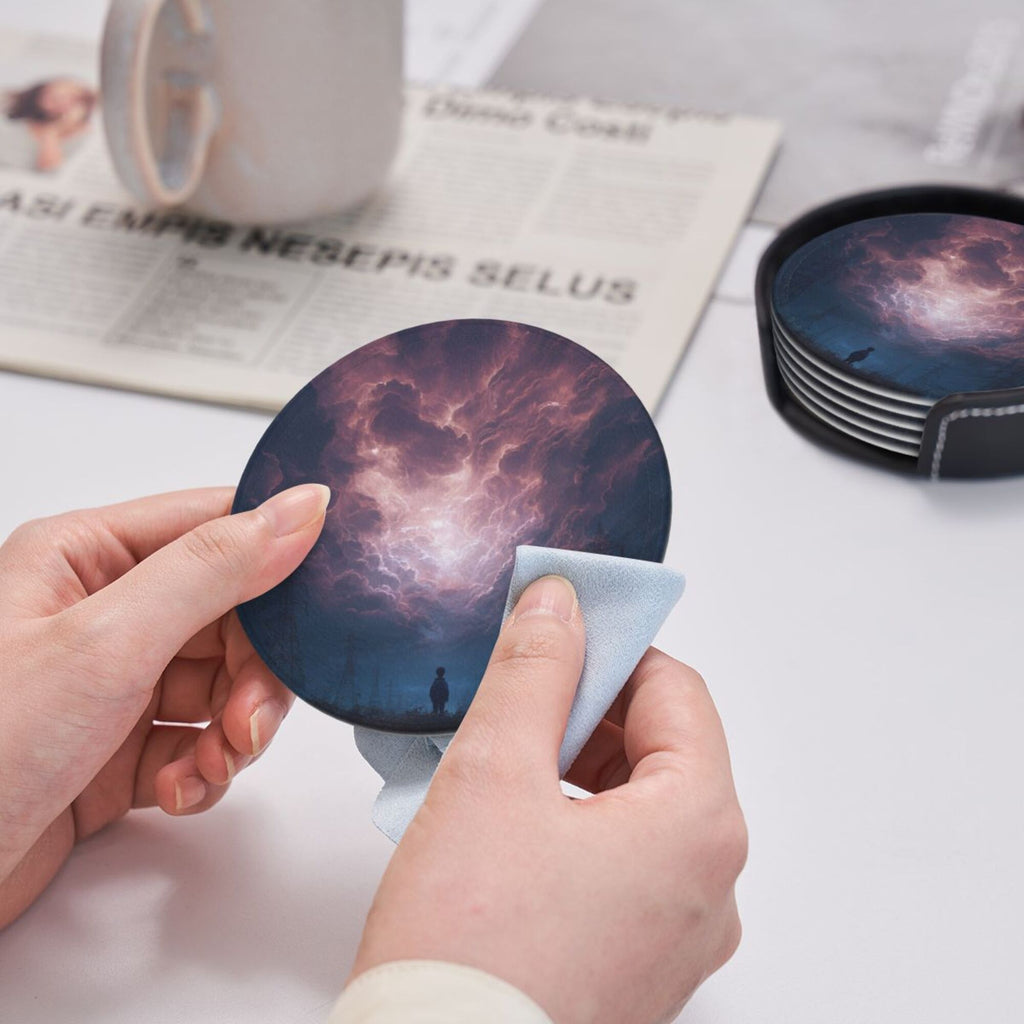 6 - Pack Round Leather Coasters: Purple Sky Figure Pattern, Exquisite Storage, Protecting the Desktop